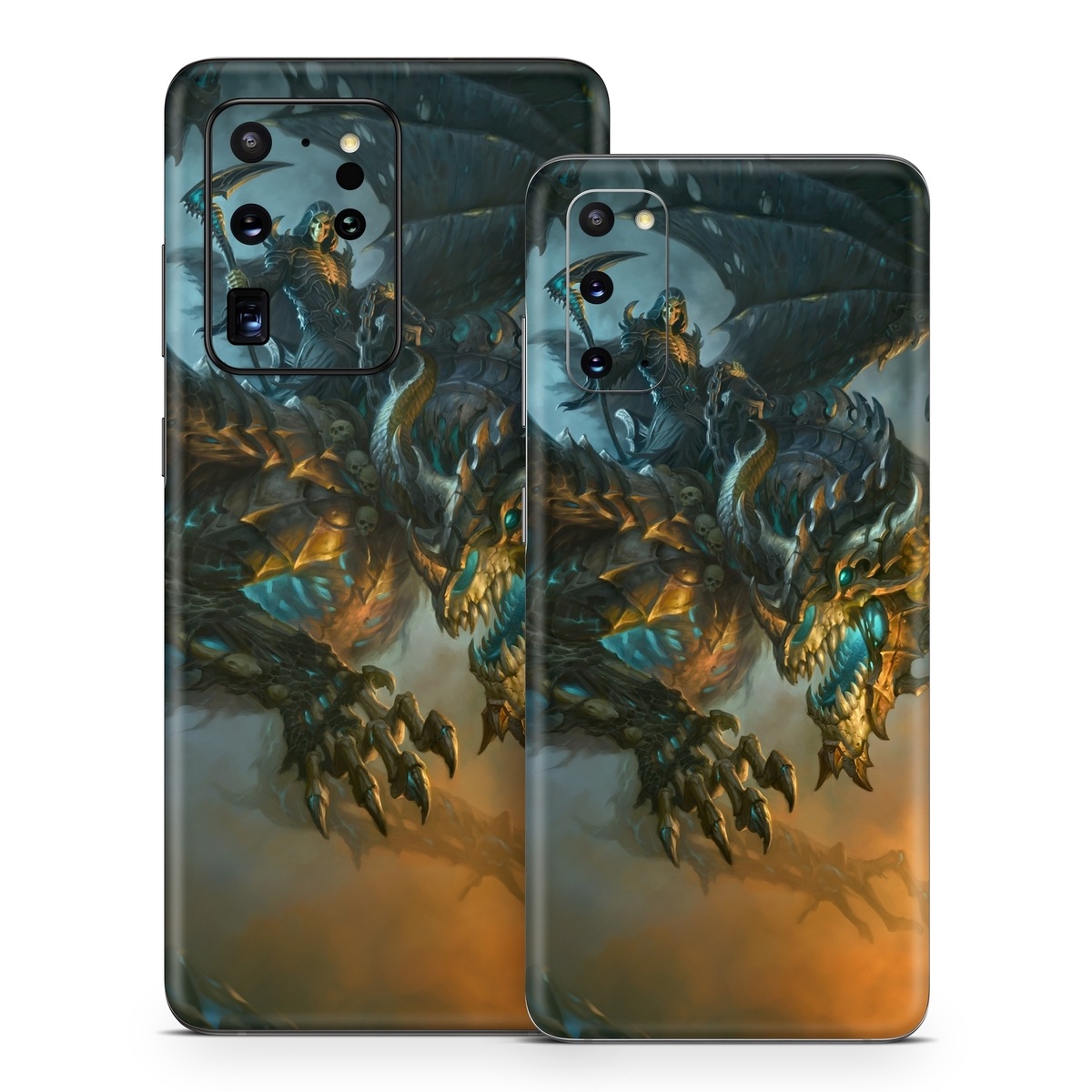 Samsung Galaxy S20 Series Skin design of Dragon, Cg artwork, Fictional character, Mythical creature, Demon, Mythology, Illustration, Cryptid, Art, with orange, yellow, black, brown, blue, white colors