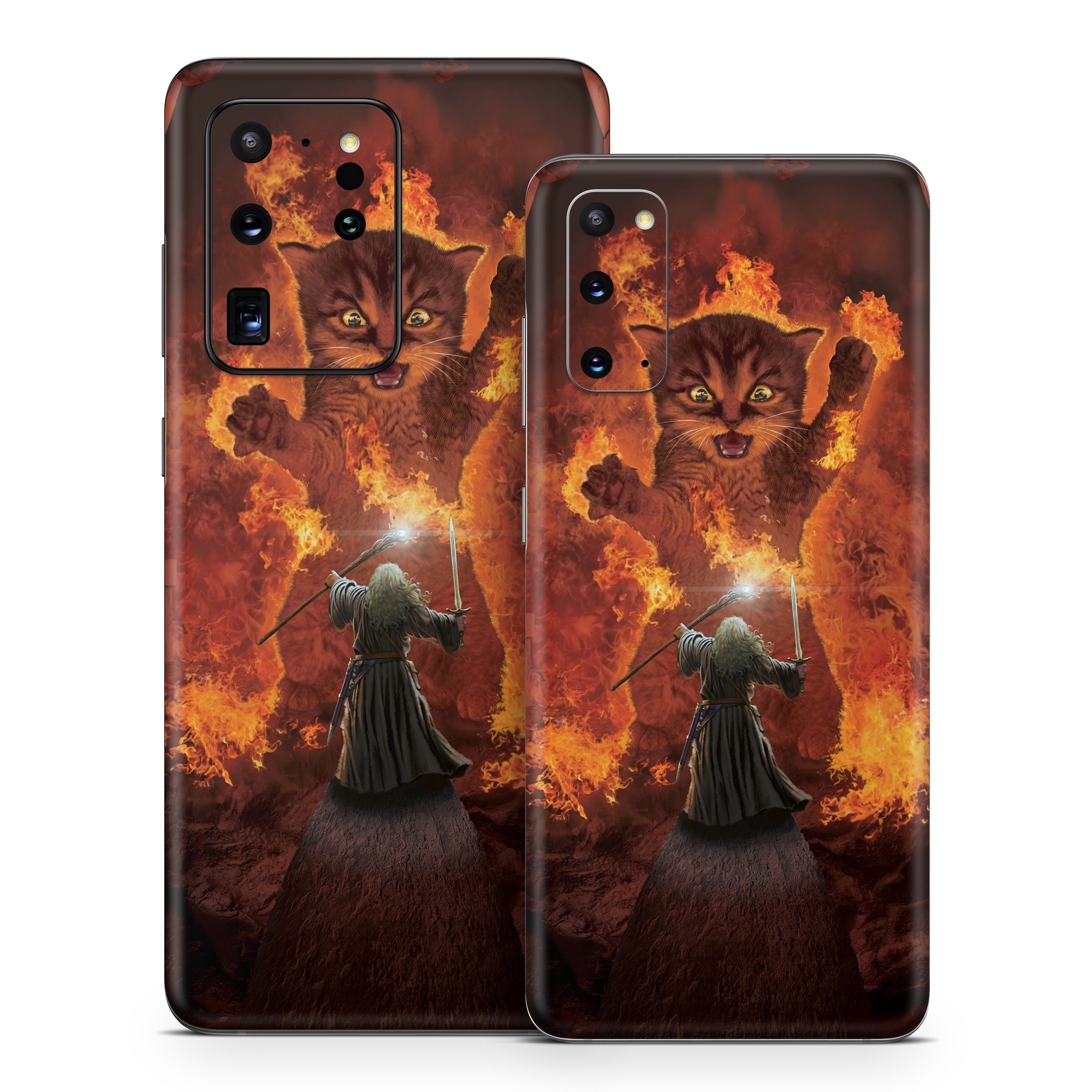Samsung Galaxy S20 Series Skin design of Cartoon, Art, Carnivore, Cg artwork, Felidae, Supernatural creature, Big cats, Heat, Fictional character, Darkness, with black, red, white, gray, yellow colors