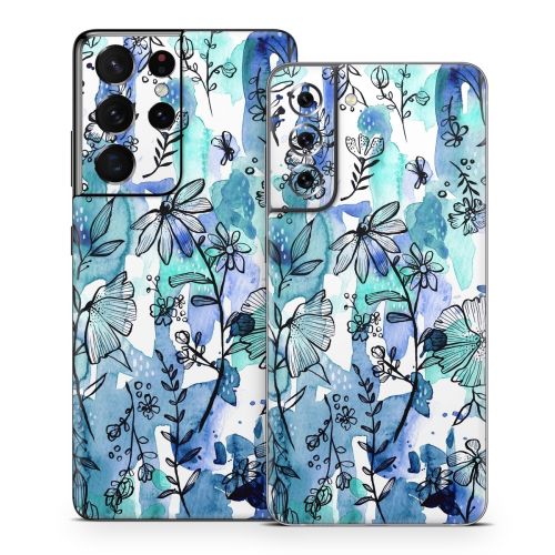 Blue Ink Floral Samsung Galaxy S21 Series Skin