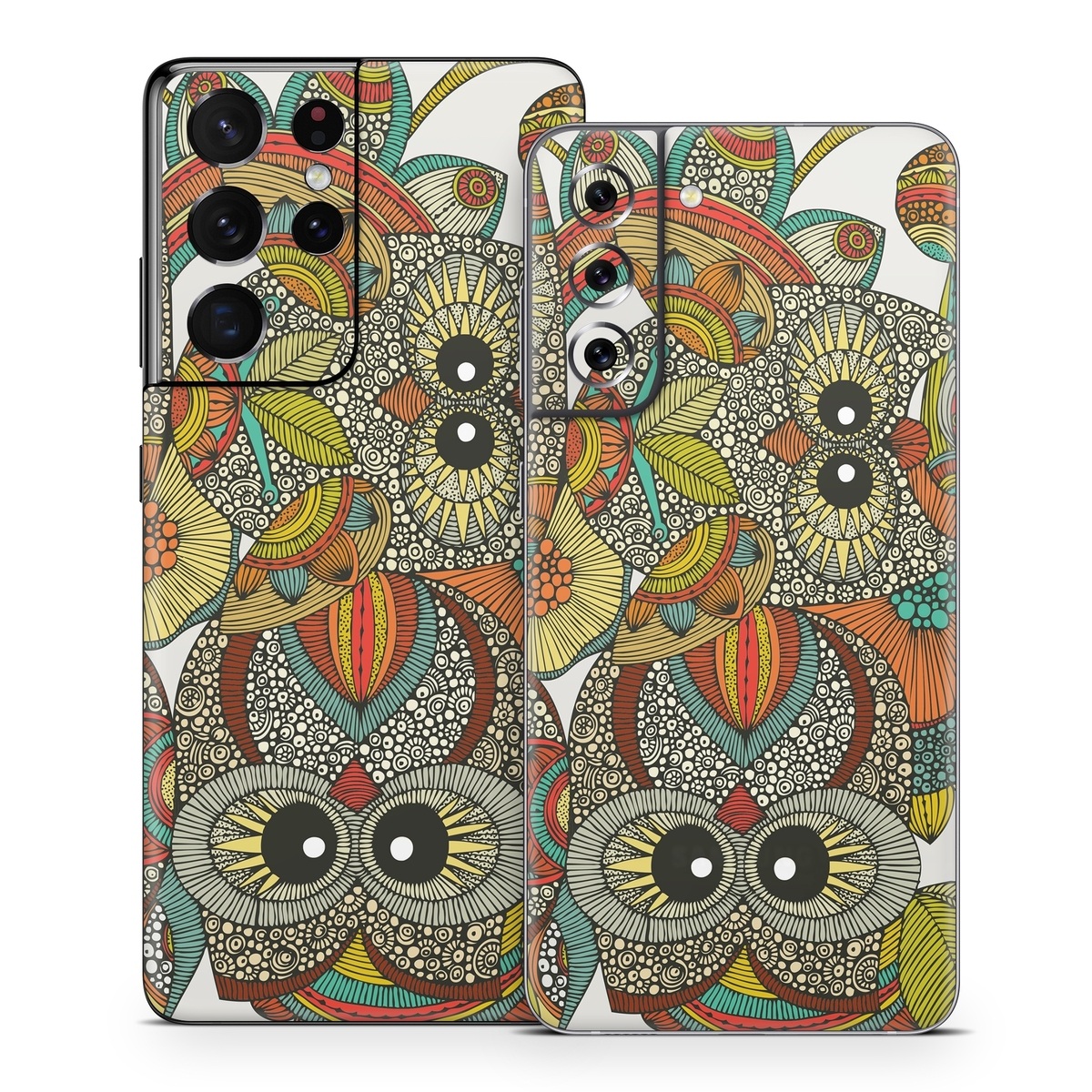 Samsung Galaxy S21 Series Skin design of Owl, Pattern, Visual arts, Art, Design, Textile, Illustration, Motif, Bird, with white, green, orange, yellow, blue, red colors
