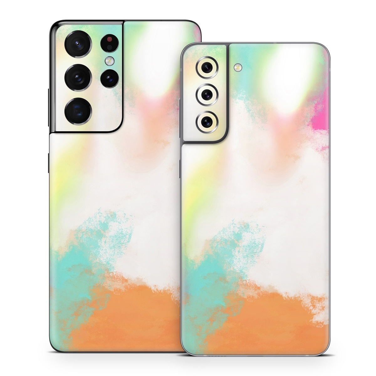Samsung Galaxy S21 Series Skin design of Sky, Yellow, Orange, Pink, Art, Illustration, Visual Arts, Pattern, Colorfulness, Watercolor Paint, with white, pink, orange, yellow, blue, brown colors