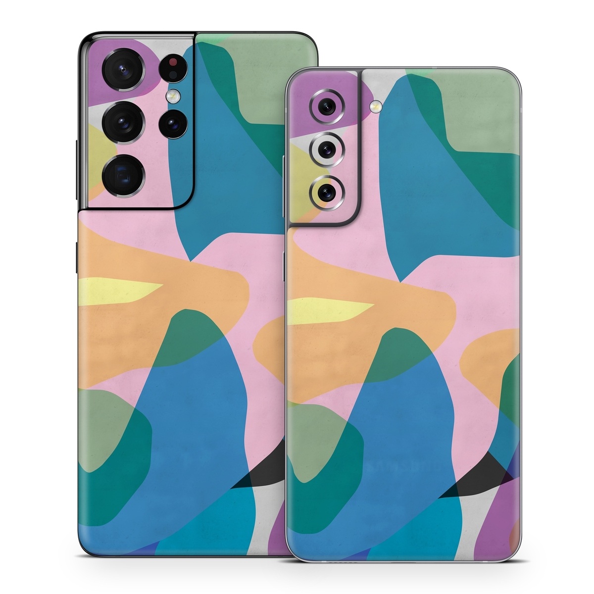 Samsung Galaxy S21 Series Skin design of Azure, Paint, Textile, Organism, Art, Painting, Aqua, Font, Rectangle, Tints and shades, with blue, green, pink, yellow, orange, purple, gray colors