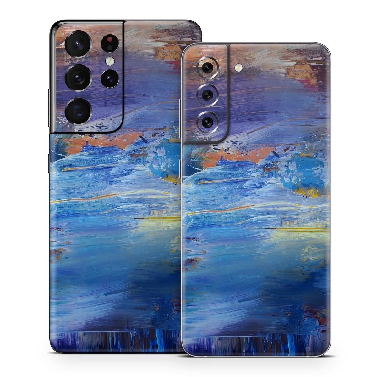 Samsung Galaxy S21 Series Skin design of Painting, Blue, Modern art, Acrylic paint, Sky, Watercolor paint, Art, Visual arts, Paint, Electric blue, with blue, purple, yellow, brown, orange, black colors