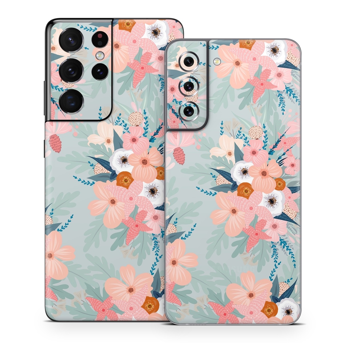 Samsung Galaxy S21 Series Skin design of Pattern, Aqua, Wrapping paper, Textile, Design, Floral design, Wildflower, Plant, Pedicel, Blossom, with pink, red, blue, white colors