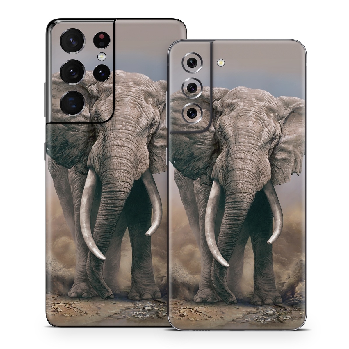 Samsung Galaxy S21 Series Skin design of Elephants and Mammoths, Terrestrial animal, Indian elephant, African elephant, Wildlife, Tusk, Snout, Organism, Working animal, Illustration, with brown, gray, white colors