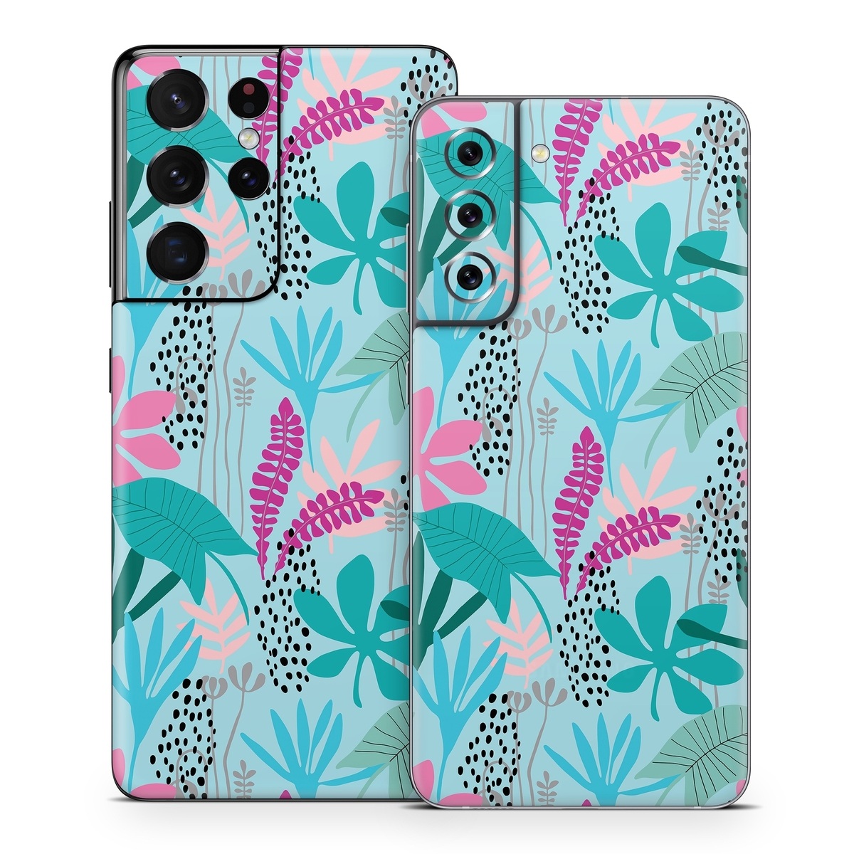 Samsung Galaxy S21 Series Skin design of White, Leaf, Botany, Green, Textile, Branch, Organism, Plant, Font, Pink, with blue, green, pink, purple, black, gray colors