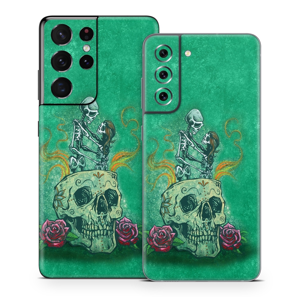 Samsung Galaxy S21 Series Skin design of Bone, Skull, Aqua, Pattern, Electric blue, Fashion accessory, Font, Fictional character, Art, Grass, with green, pink, red, yellow, orange, white, gray colors