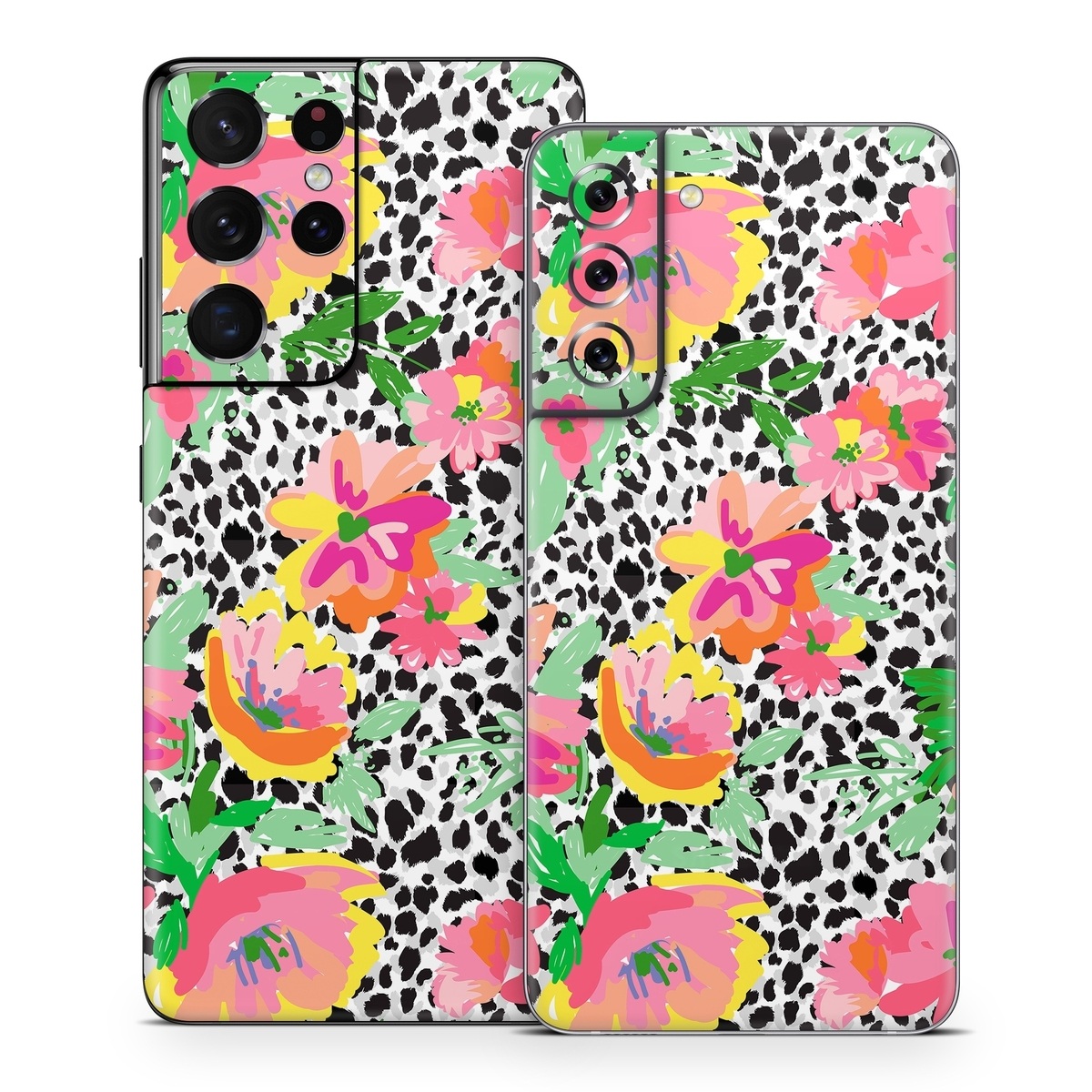 Samsung Galaxy S21 Series Skin design of Flower, Petal, Textile, Pink, Creative arts, Art, Magenta, Pattern, Plant, Symmetry, with pink, orange, yellow, purple, green, black, white colors
