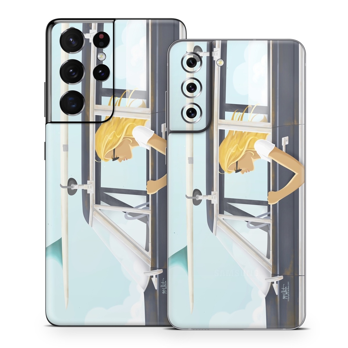 Samsung Galaxy S21 Series Skin design of Vehicle door, Vehicle, Automotive exterior, Automotive design, Car, Headgear, Windshield, Dress, Automotive window part, Family car, with blue, white, gray, yellow colors
