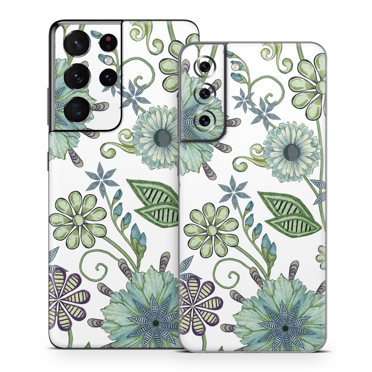 Samsung Galaxy S21 Series Skin design of Green, Pattern, Flower, Botany, Plant, Leaf, Design, Wildflower, with white, green, blue colors