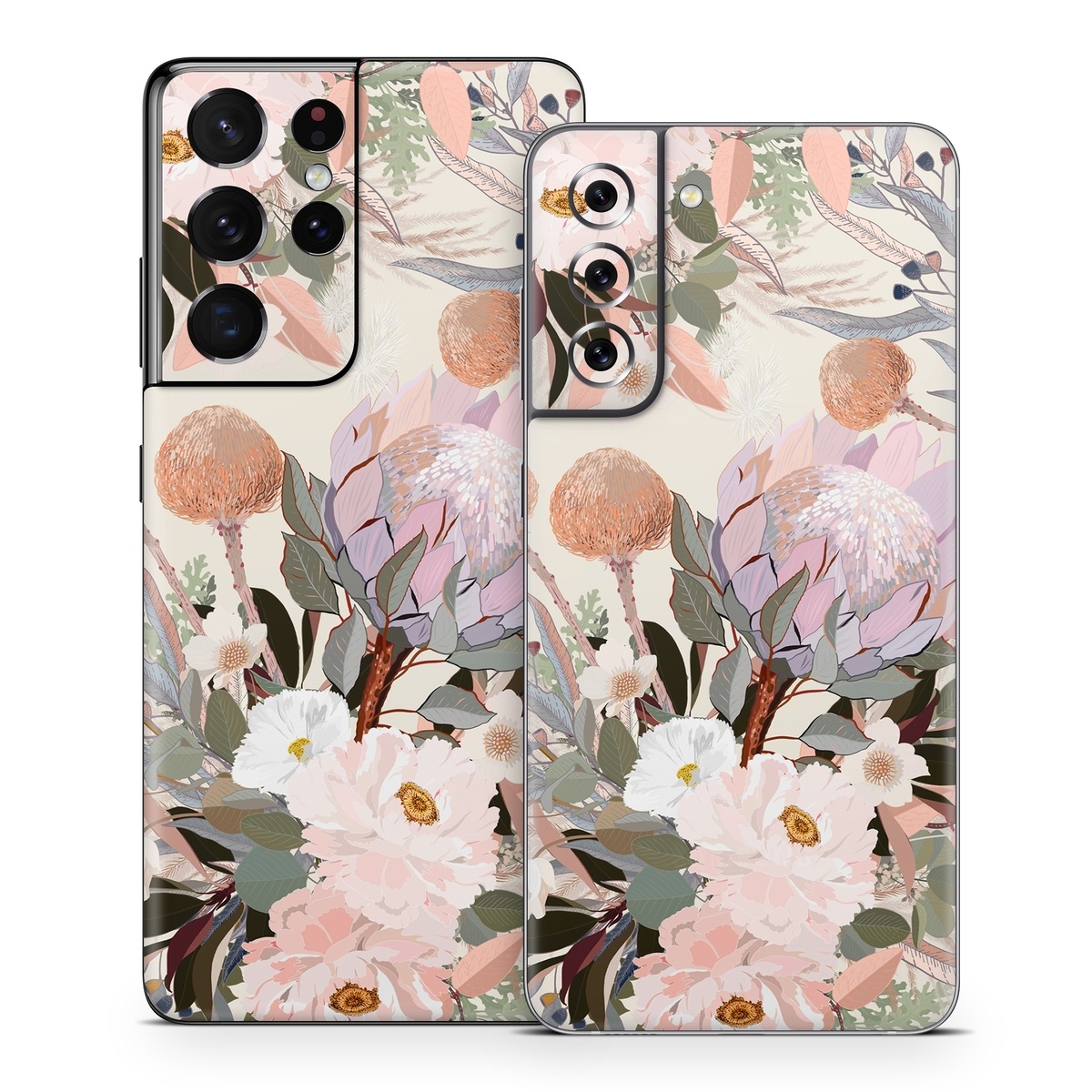 Samsung Galaxy S21 Series Skin design of Flower, Floral design, Watercolor paint, Plant, Spring, Branch, Flower Arranging, Lilac, Floristry, Petal, with pink, purple, green, brown, white, yellow, black colors