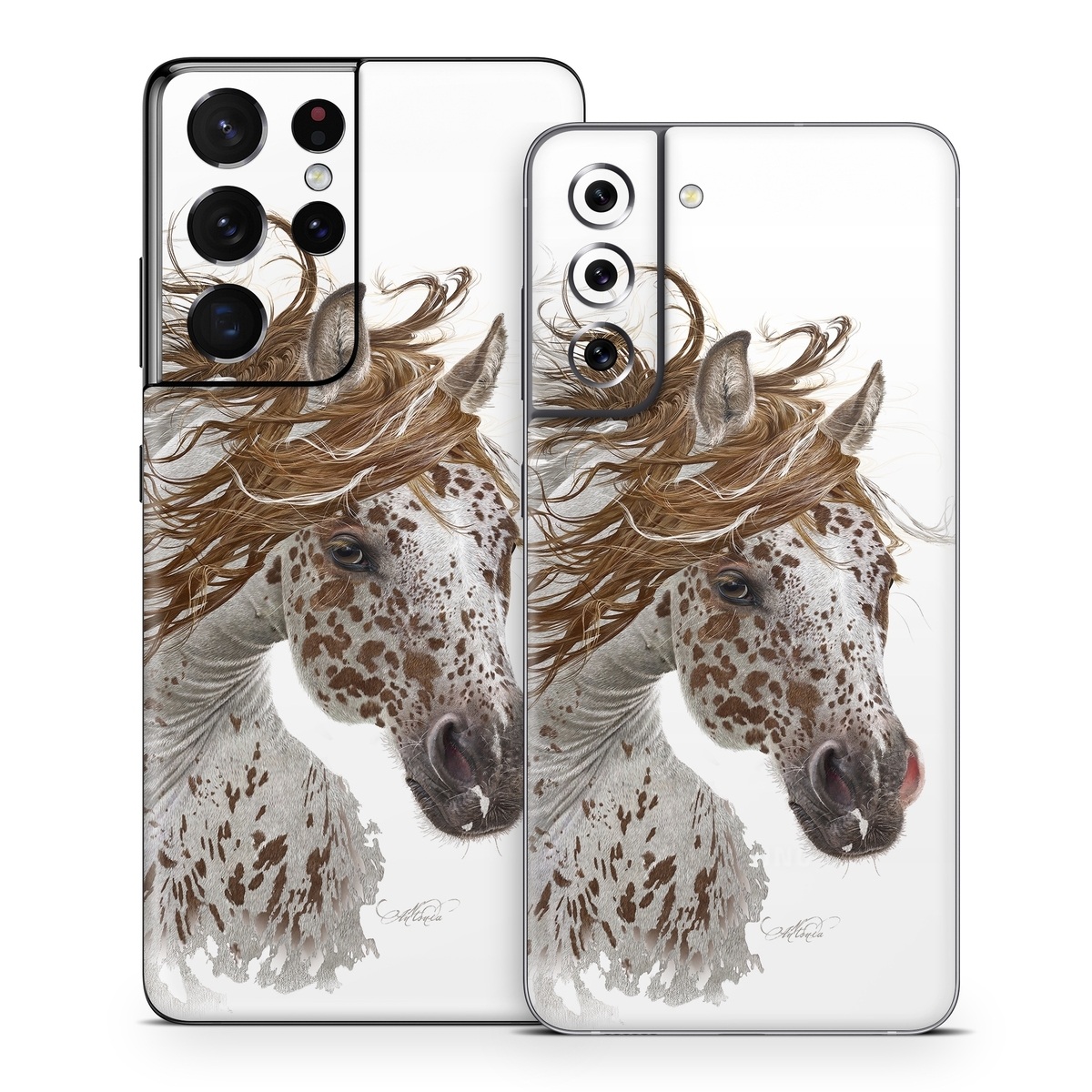 Samsung Galaxy S21 Series Skin design of Horse, Mane, Mustang horse, Illustration, Snout, Animal figure, Drawing, Stallion, Liver, Mare, with white, brown colors