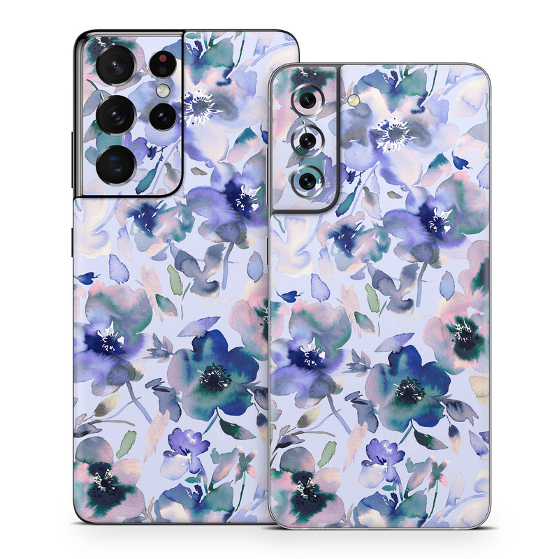 Samsung Galaxy S21 Series Skin design of Blue, Flower, Petal, Pink, Purple, Wildflower, Watercolor painting, Floral design, Lobelias, Borages, with white, purple, black, pink, green colors