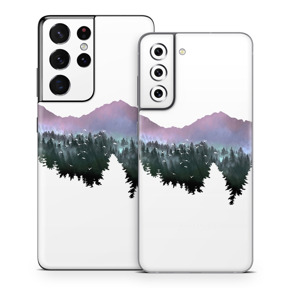 Samsung Galaxy S21 Series Skin design of Nature, Mountainous landforms, Mountain, Atmospheric phenomenon, Tree, Wilderness, Sky, Mountain range, Forest, Hill, with white, black, purple, blue, green colors