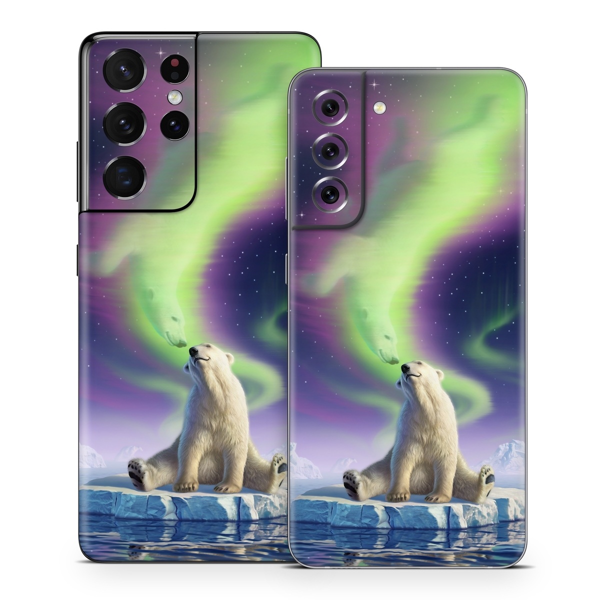 Samsung Galaxy S21 Series Skin design of Aurora, Sky, Wildlife, Polar bear, Fictional character, with white, blue, green, purple colors