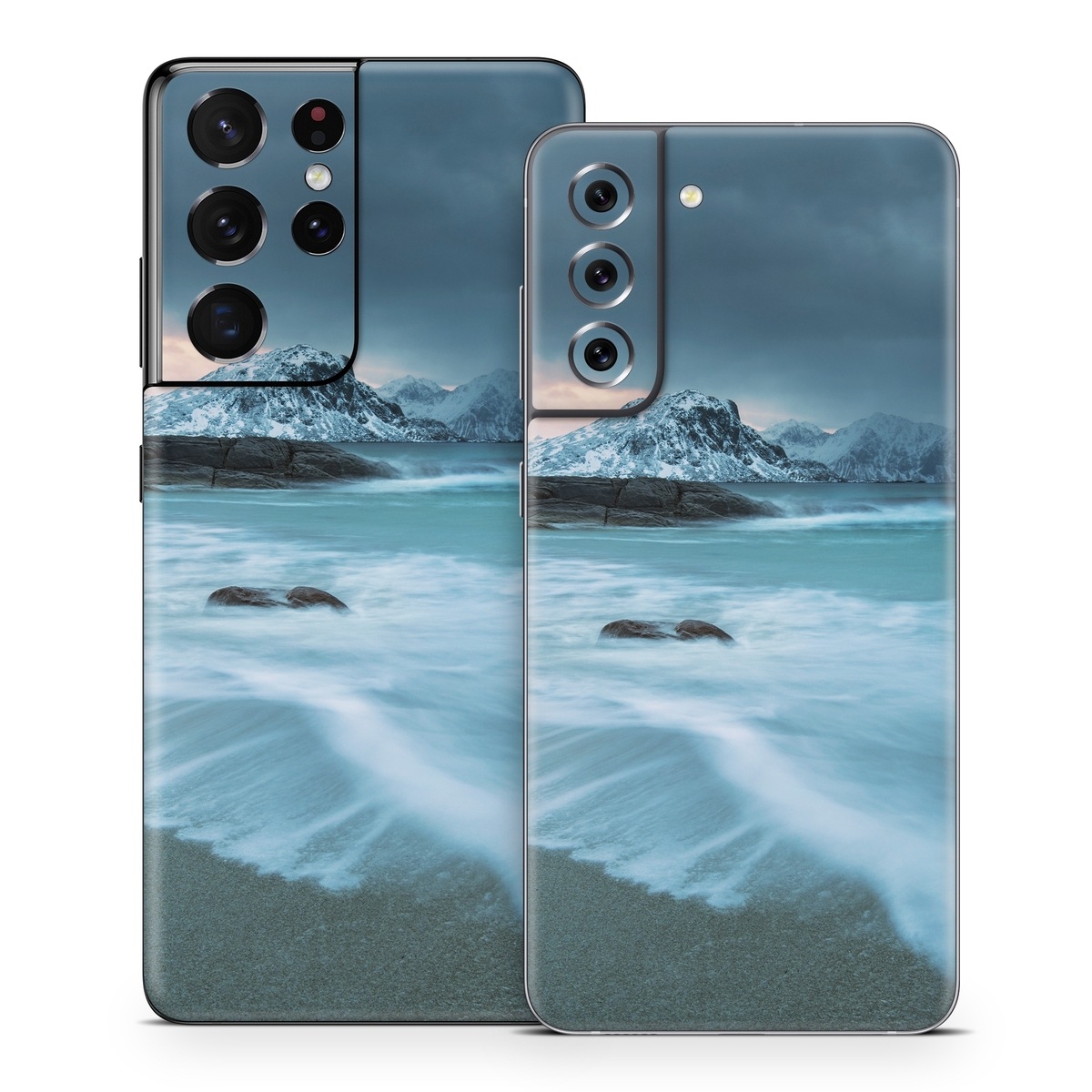 Samsung Galaxy S21 Series Skin design of Body of water, Sky, Nature, Sea, Ocean, Wave, Blue, Water, Coast, Wind wave, with white, blue, black, orange colors