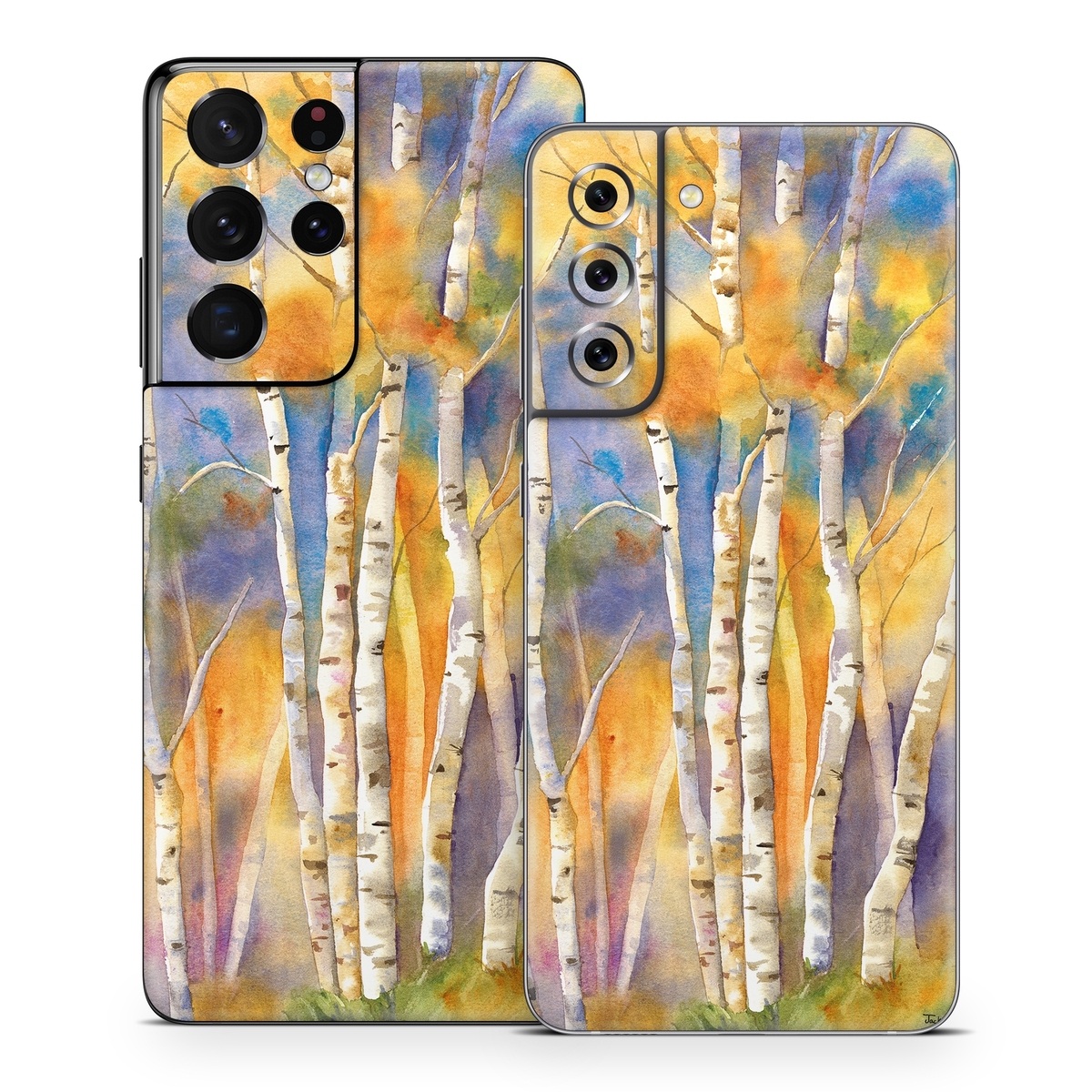 Samsung Galaxy S21 Series Skin design of Canoe birch, Watercolor paint, Tree, Birch, Woody plant, Painting, Plant, Birch family, Paint, Trunk, with orange, yellow, green, white, purple, blue colors