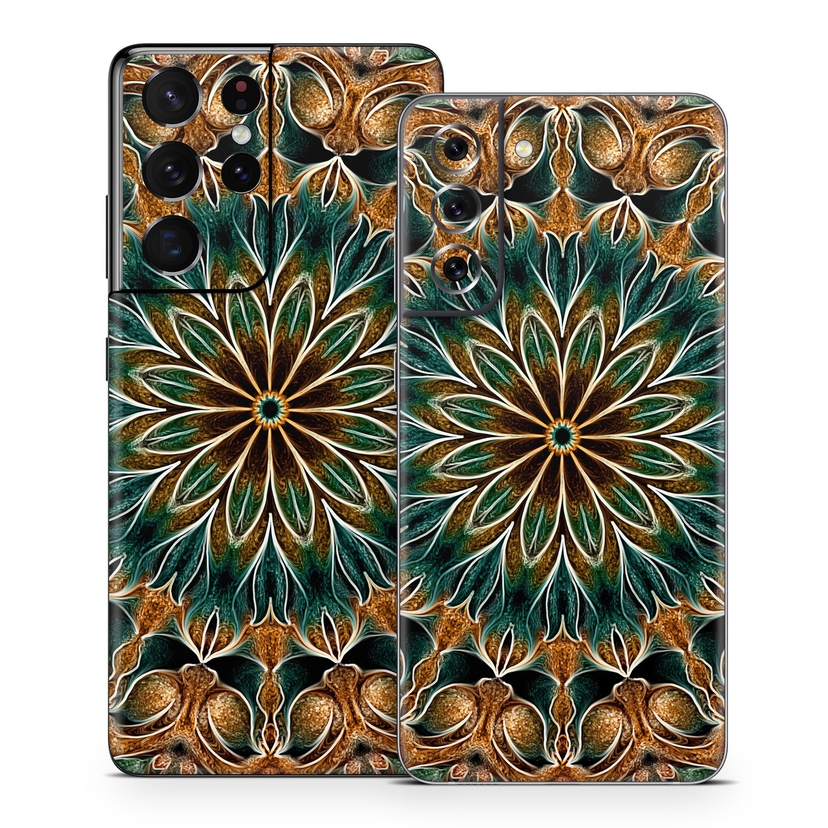 Samsung Galaxy S21 Series Skin design of Pattern, Symmetry, Textile, Art, Psychedelic art, Tapestry, Design, Visual arts, Kaleidoscope, Motif, with green, orange, yellow, brown, red colors