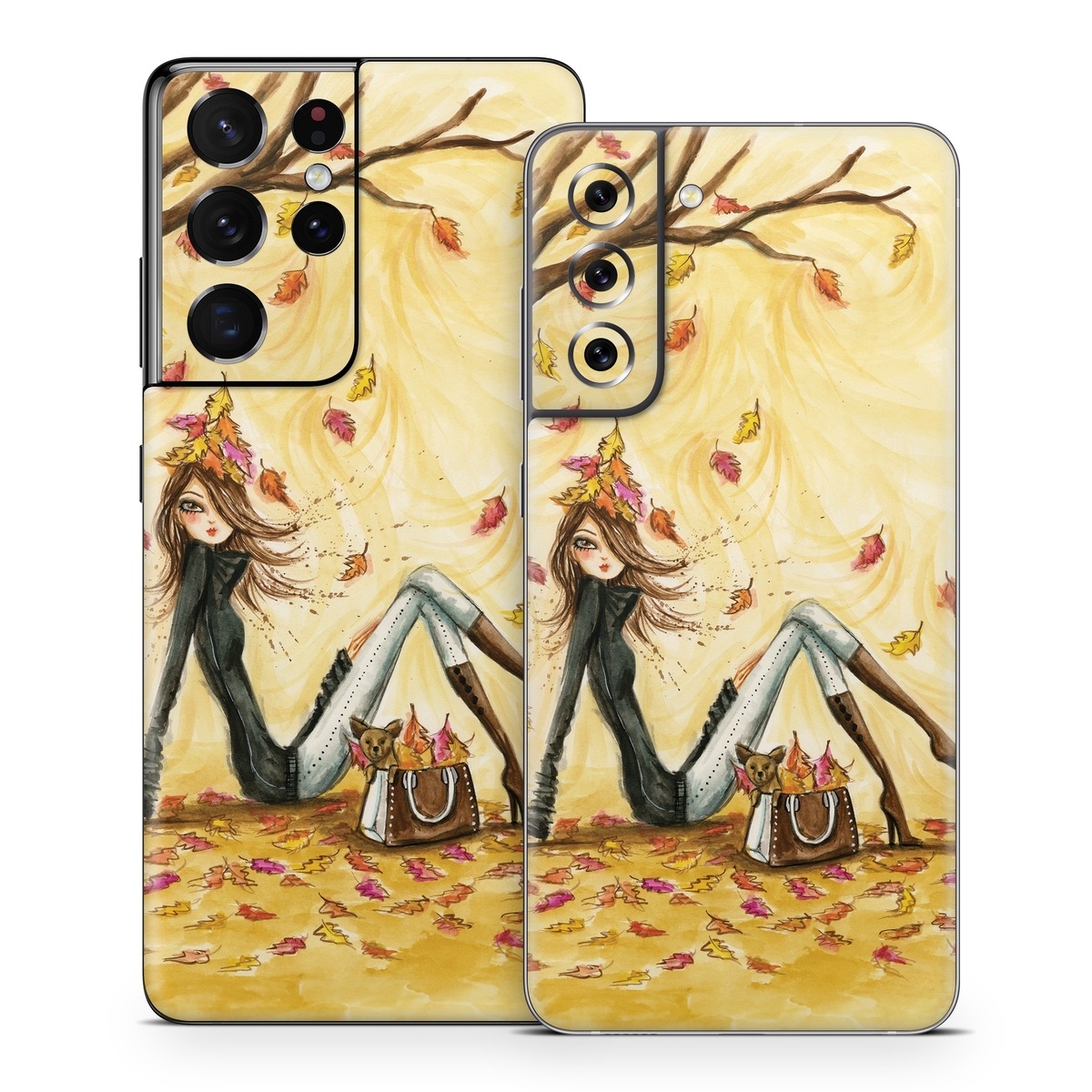 Samsung Galaxy S21 Series Skin design of Painting, Watercolor paint, Tree, Art, Illustration, Plant, Modern art, Visual arts, Still life, Fictional character, with yellow, red, brown, orange, black, white colors