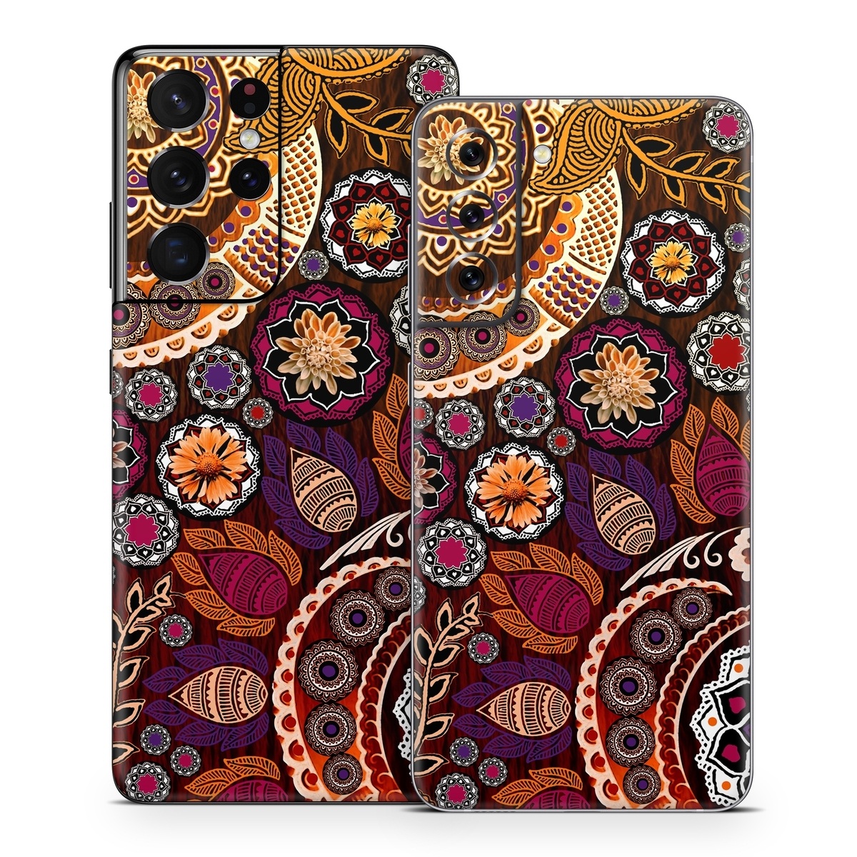 Samsung Galaxy S21 Series Skin design of Pattern, Motif, Visual arts, Design, Art, Floral design, Textile, Paisley, Tapestry, Circle, with brown, purple, red, white, black colors