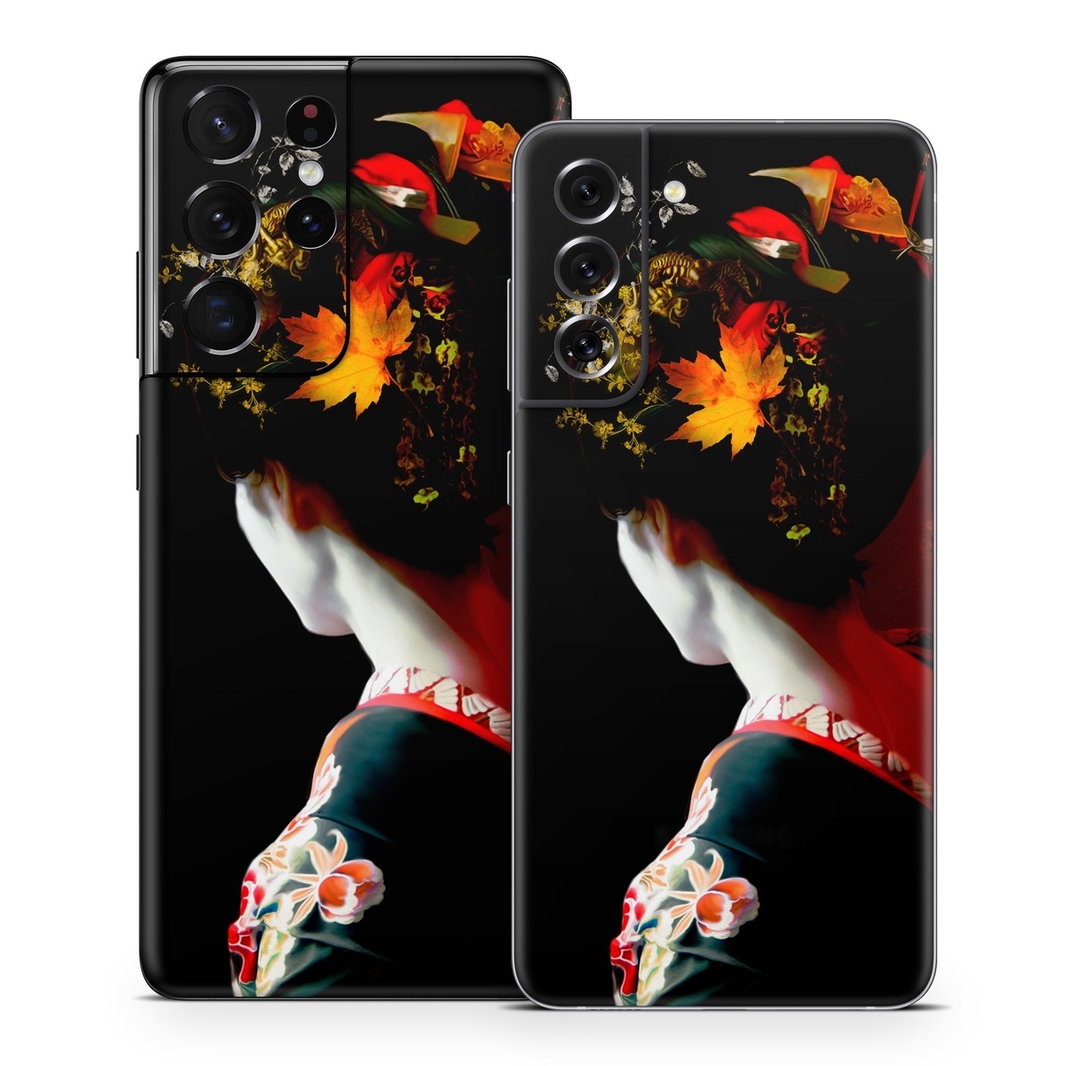 Samsung Galaxy S21 Series Skin design of Geisha, Red, Flower, Plant, Headgear, Photography, Peking opera, Costume, Headpiece, Art, with black, red, orange, yellow, white colors