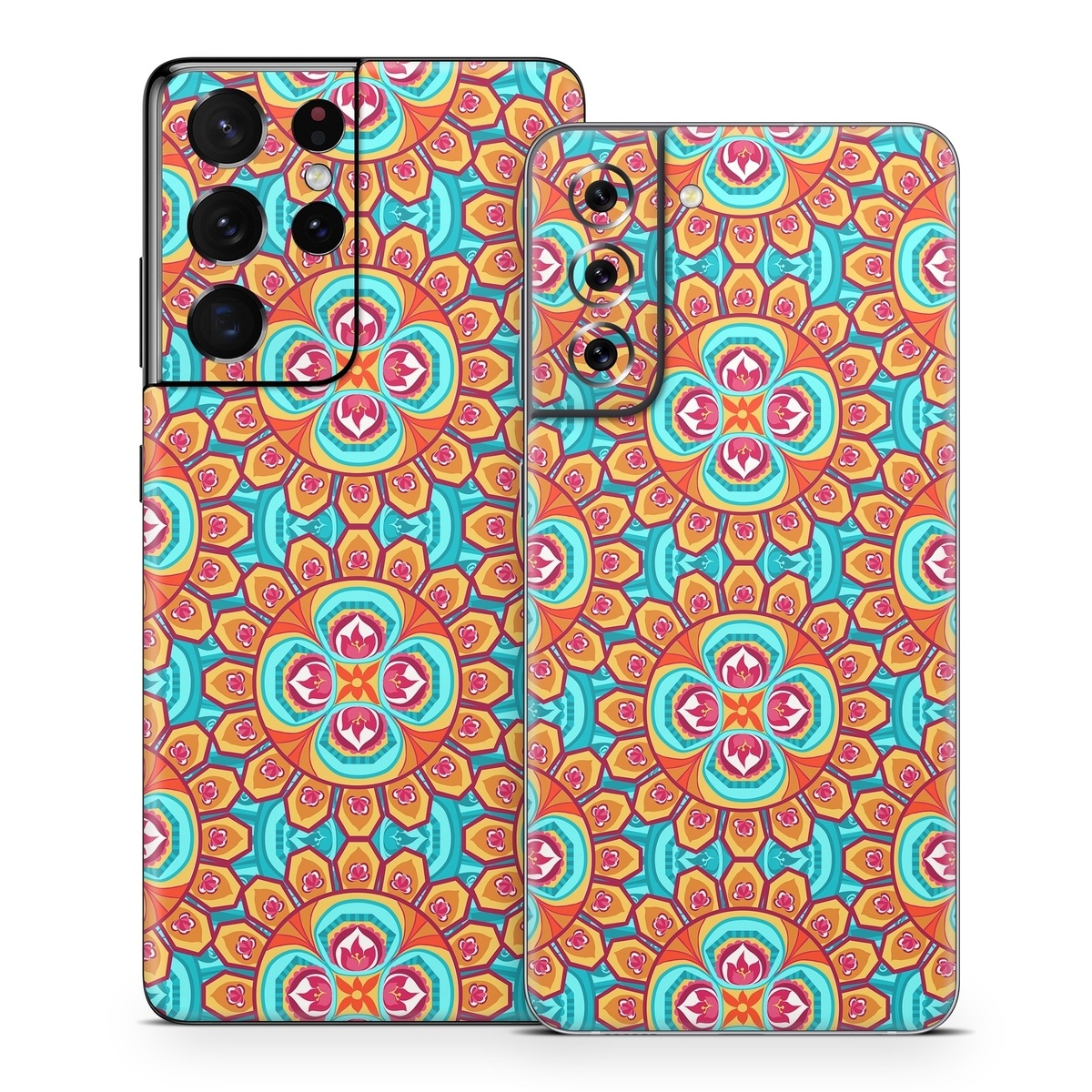 Samsung Galaxy S21 Series Skin design of Pattern, Orange, Design, Textile, Wrapping paper, Visual arts, Motif, Circle, Art, with blue, orange, red, yellow colors