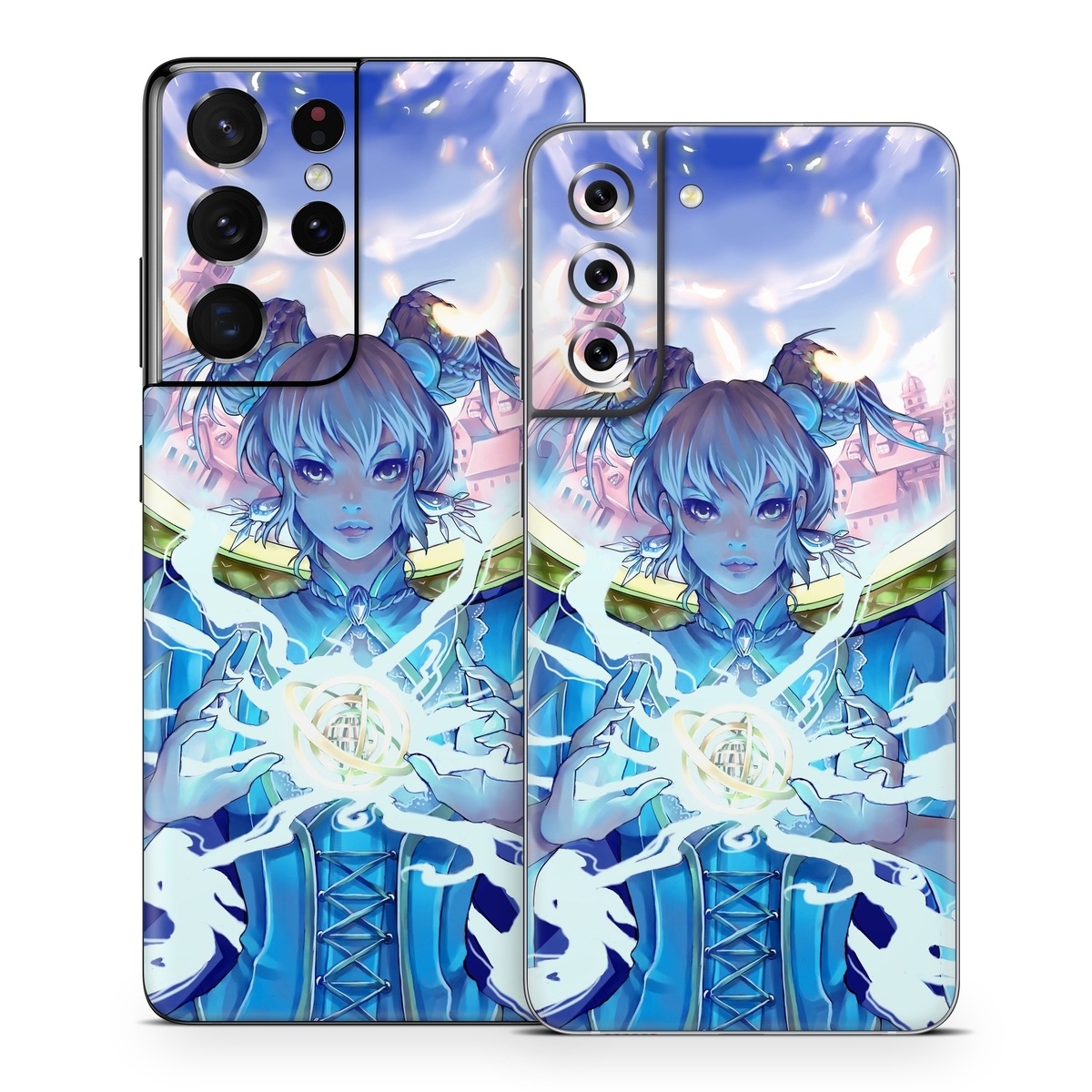 Samsung Galaxy S21 Series Skin design of Cg artwork, Anime, Cartoon, Sky, Long hair, Illustration, Fictional character, Black hair, Art, with blue, purple, pink, white, yellow colors