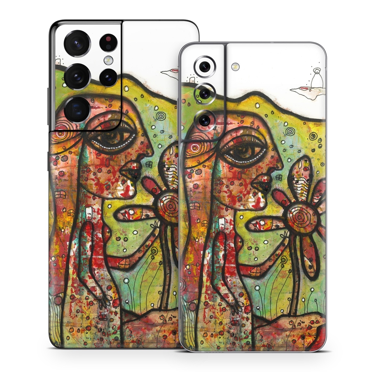 Samsung Galaxy S21 Series Skin design of Modern art, Art, Painting, Acrylic paint, Psychedelic art, Visual arts, Watercolor paint, Illustration, Paint, Style, with green, black, red, white, orange, yellow colors
