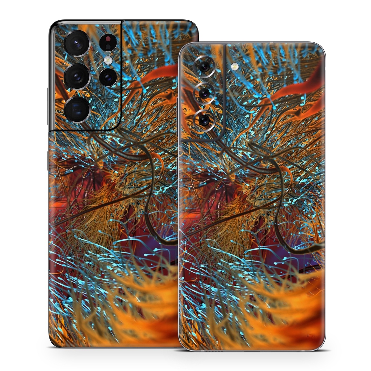 Samsung Galaxy S21 Series Skin design of Orange, Tree, Electric blue, Organism, Fractal art, Plant, Art, Graphics, Space, Psychedelic art, with orange, blue, red, yellow, purple colors