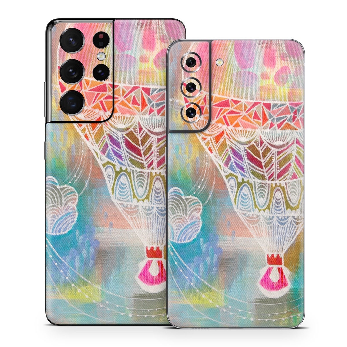 Samsung Galaxy S21 Series Skin design of Hot air balloon, Balloon, Illustration, Pattern, Vehicle, Aerostat, Hot air ballooning, Graphic design, Art, with blue, red, yellow, pink, white colors