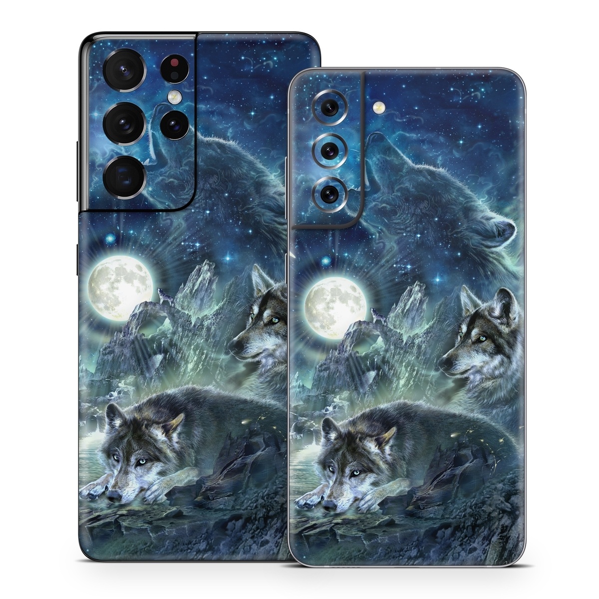 Samsung Galaxy S21 Series Skin design of Cg artwork, Fictional character, Darkness, Werewolf, Illustration, Wolf, Mythical creature, Graphic design, Dragon, Mythology, with black, blue, gray, white colors
