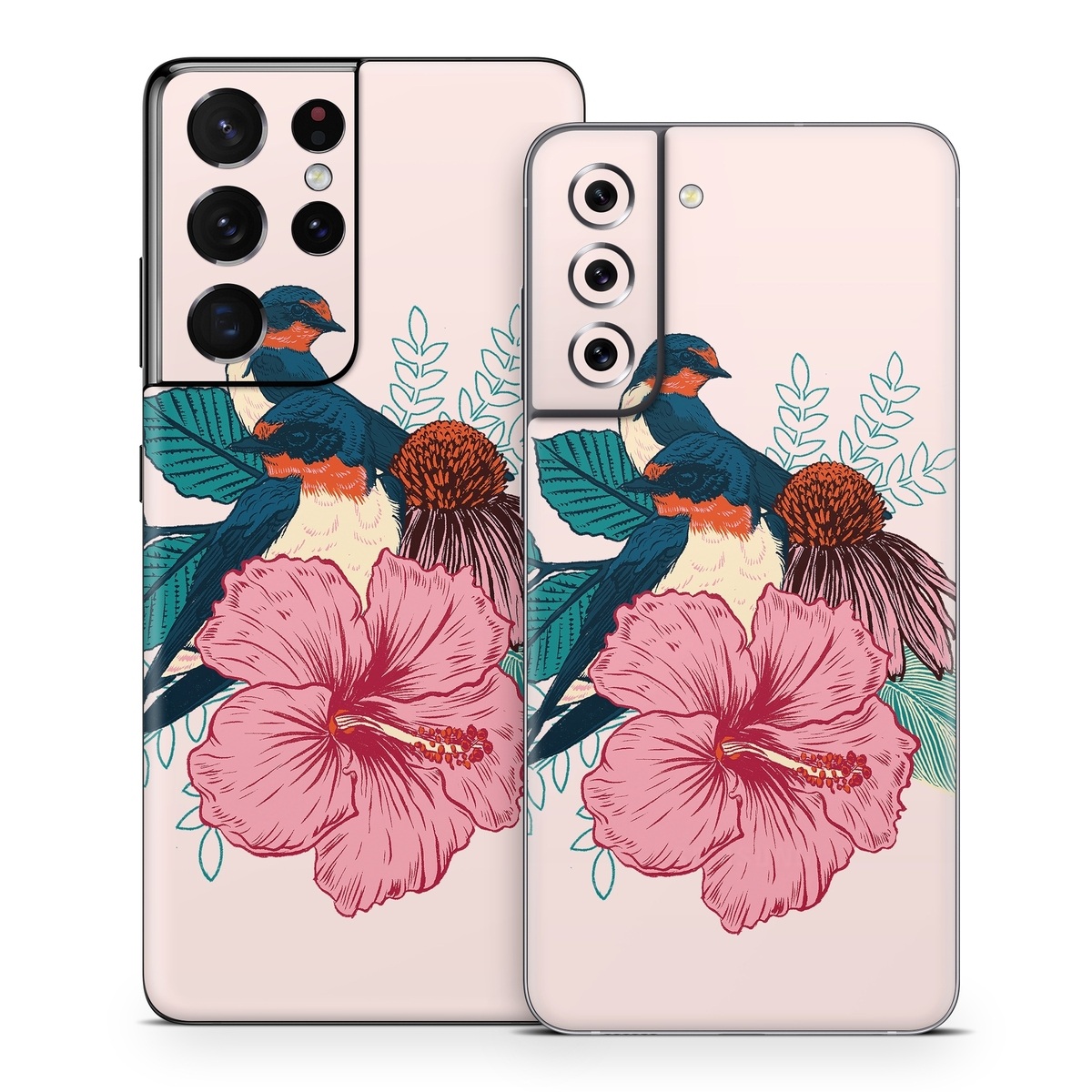 Samsung Galaxy S21 Series Skin design of Bird, Hawaiian hibiscus, Hibiscus, Illustration, Chinese hibiscus, Botany, Flower, Plant, Malvales, Mallow family, with blue, pink, green, yellow, red colors
