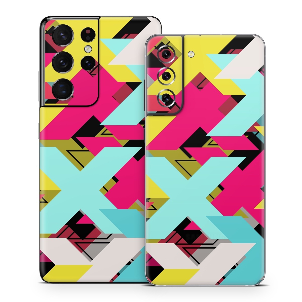 Samsung Galaxy S21 Series Skin design of Pattern, Graphic design, Line, Design, Triangle, Font, Illustration, Magenta, Visual arts, with yellow, blue, white, black, red, pink colors