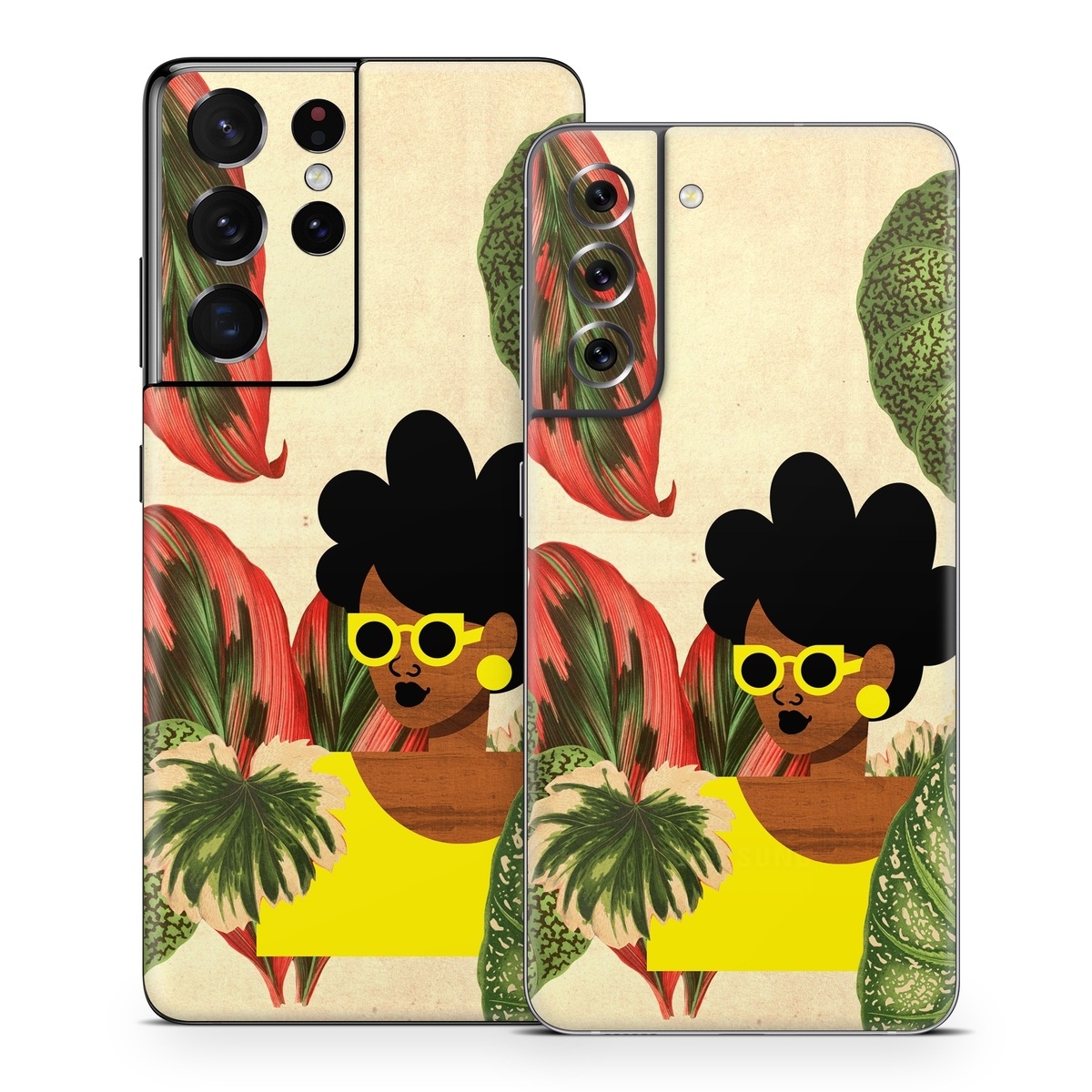 Samsung Galaxy S21 Series Skin design of Illustration, Plant, Botany, Organism, Leaf, Art, Animation, Grass, Flower, Perennial plant, with green, black, brown, yellow, red colors