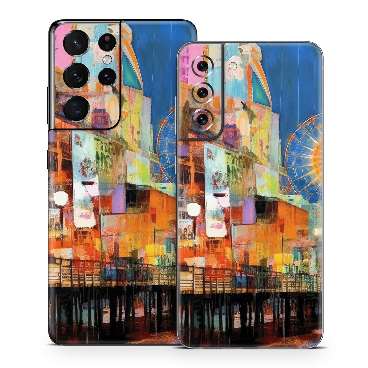 Samsung Galaxy S21 Series Skin design of Light, World, Window, Tints and shades, City, Art, Leisure, Event, Building, Ferris wheel, with black, white, blue, pink, red, orange, yellow, green colors