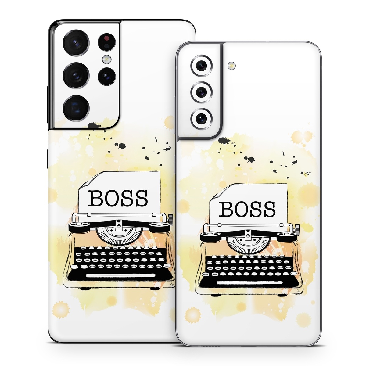 Samsung Galaxy S21 Series Skin design of Font, Office equipment, Art, Typewriter, Illustration, Graphics, Painting, Eyelash, Logo, Line art, with white, black, yellow, orange colors