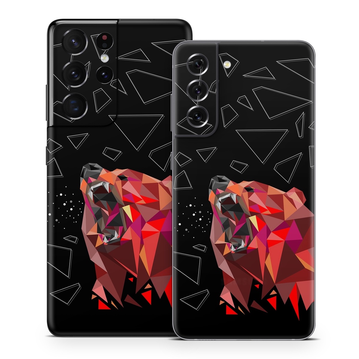Samsung Galaxy S21 Series Skin design of Graphic design, Triangle, Font, Illustration, Design, Art, Visual arts, Graphics, Pattern, Space, with black, red colors