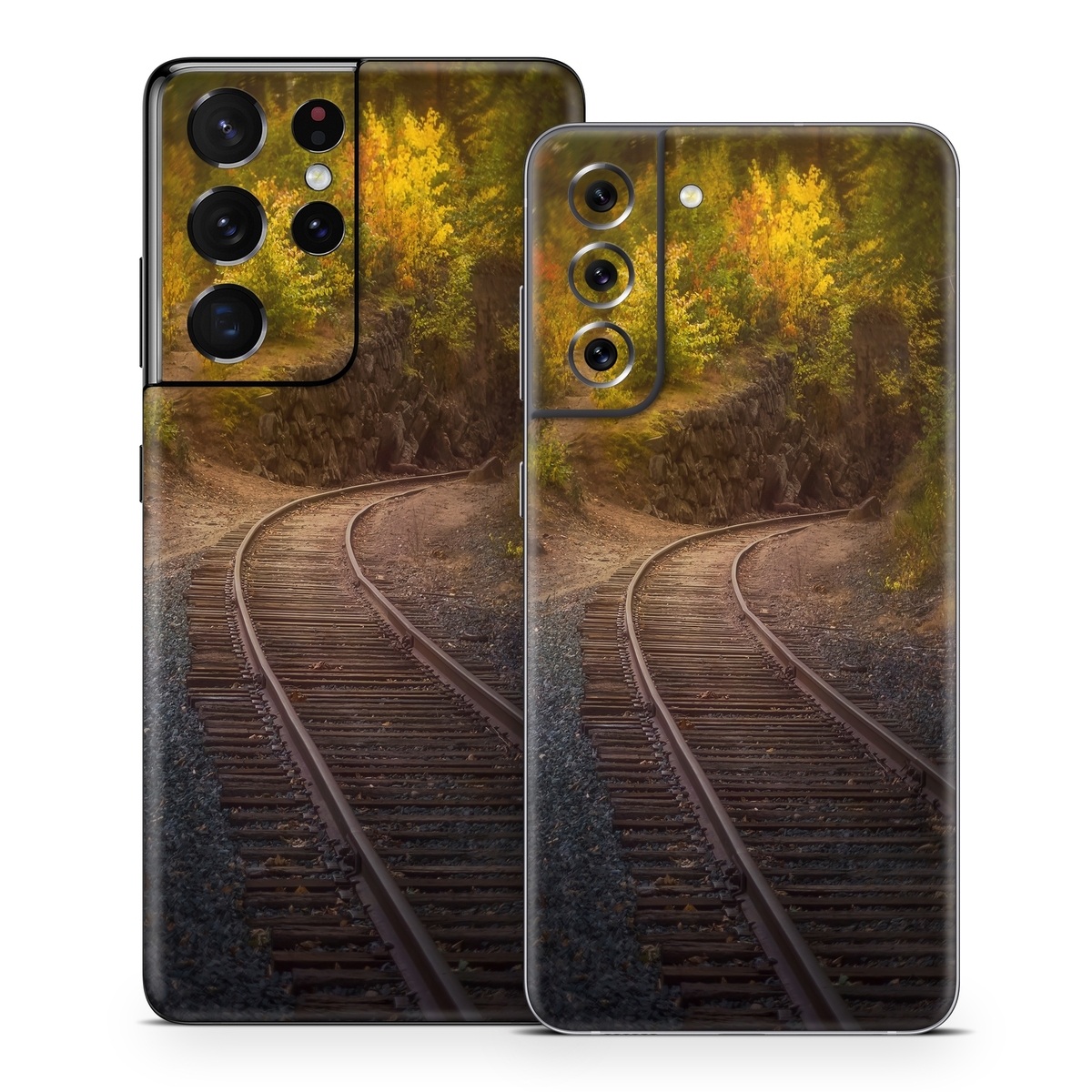 Samsung Galaxy S21 Series Skin design of Plant, Wood, Branch, Natural landscape, Road surface, Track, Grass, Tree, Thoroughfare, Twig, with brown, gray, yellow, orange, green, red colors