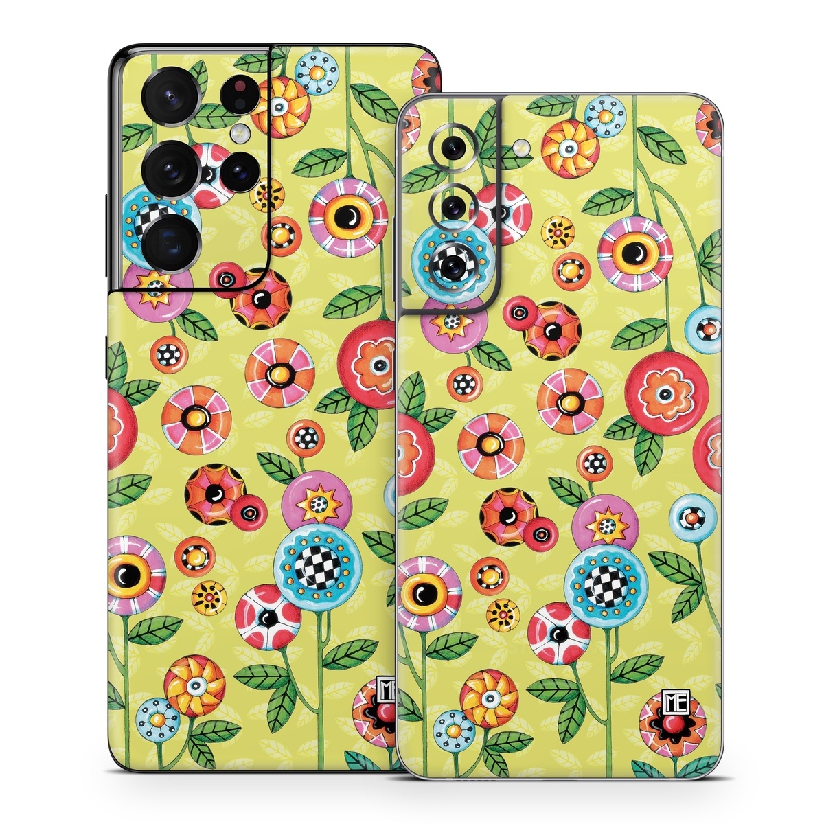 Samsung Galaxy S21 Series Skin design of Wrapping paper, Pattern, Textile, Design, Visual arts, Wildflower, Art, Plant, Child art, Flower, with green, blue, red, yellow, orange, pink colors