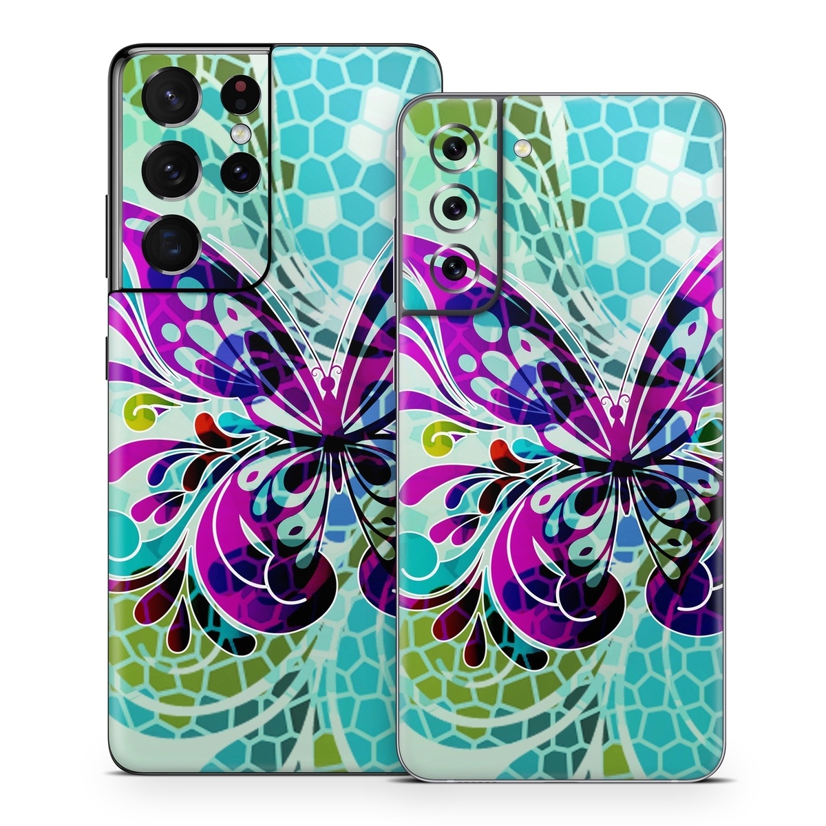 Samsung Galaxy S21 Series Skin design of Butterfly, Pattern, Insect, Moths and butterflies, Purple, Graphic design, Design, Pollinator, Visual arts, Magenta, with blue, green, purple colors