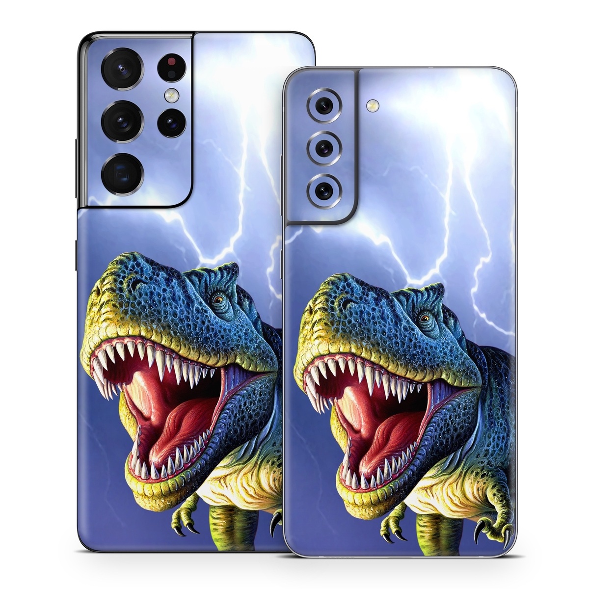 Samsung Galaxy S21 Series Skin design of Dinosaur, Extinction, Tyrannosaurus, Velociraptor, Tooth, Jaw, Organism, Mouth, Fictional character, Art, with blue, green, yellow, orange, red colors