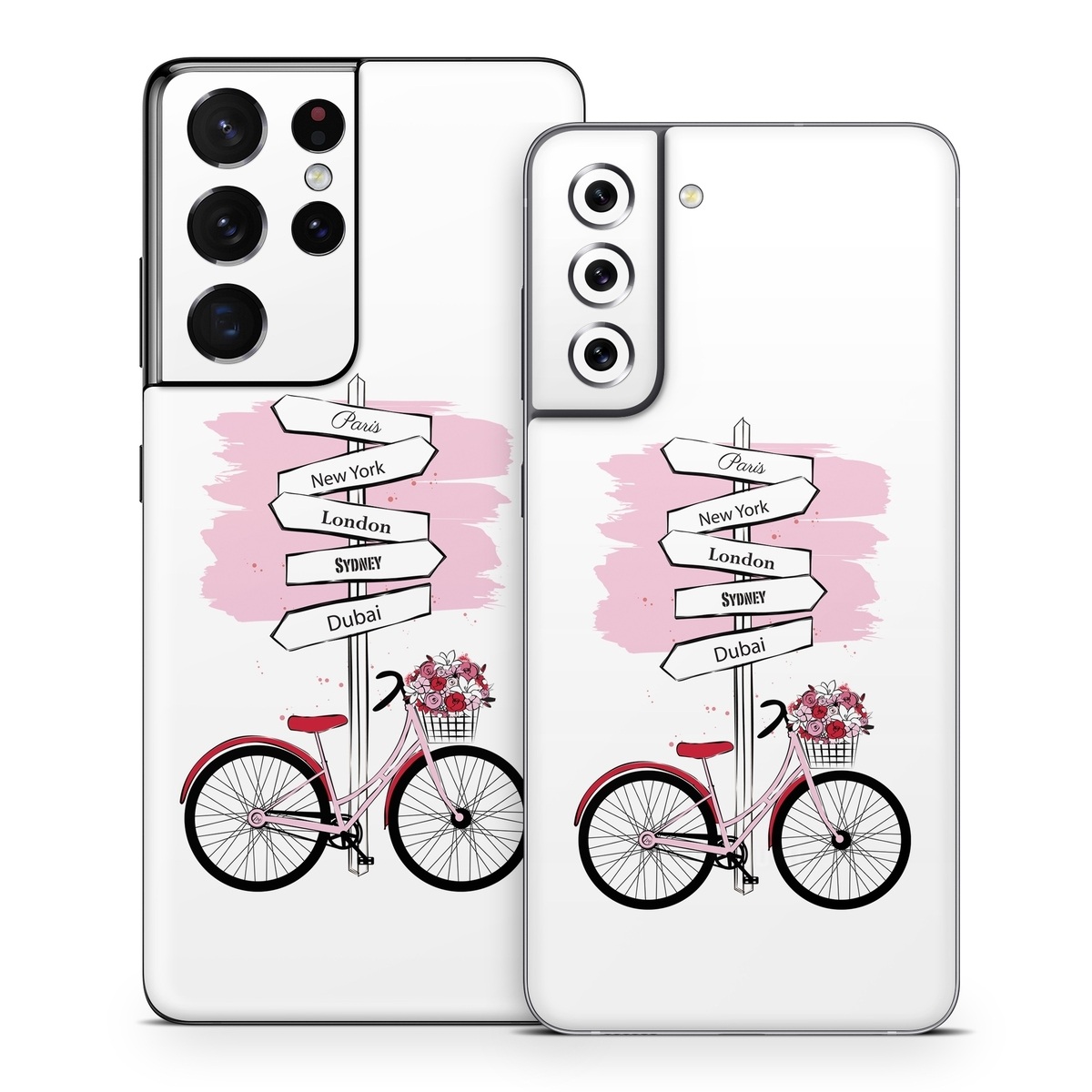 Samsung Galaxy S21 Series Skin design of Bicycle, Wheel, Bicycles--Equipment and supplies, Tire, Bicycle tire, Bicycle frame, Bicycle wheel, Bicycle wheel rim, Vehicle, Bicycle fork, with white, black, red, pink colors