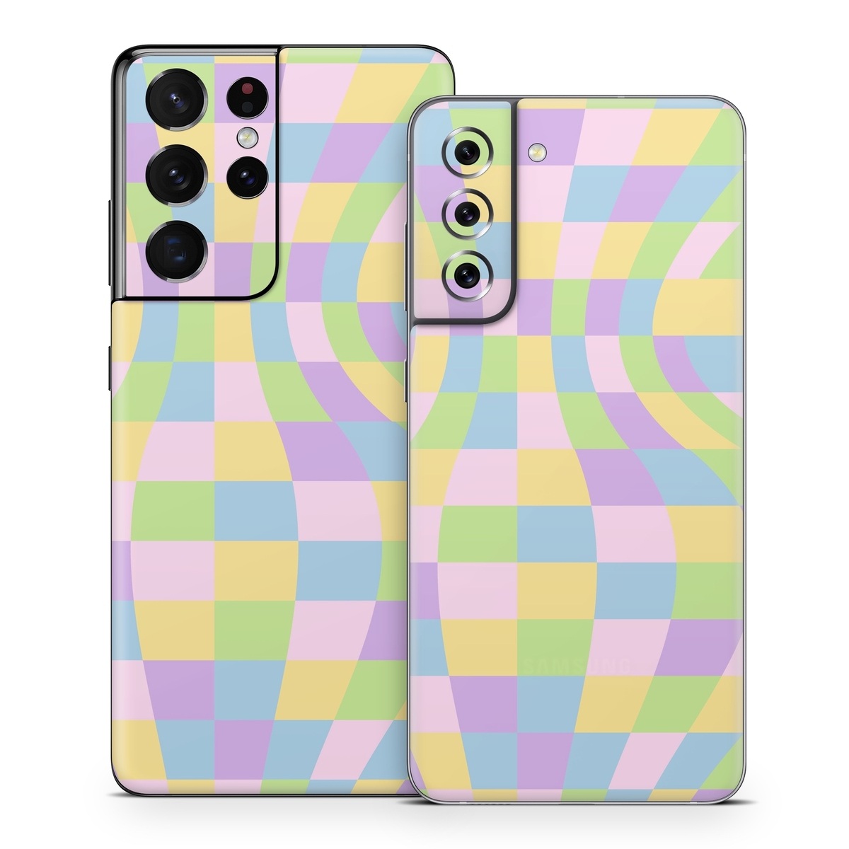 Samsung Galaxy S21 Series Skin design of Rectangle, Azure, Textile, Art, Painting, Violet, Pink, Font, Aqua, Material property, with pink, yellow, purple, blue, green colors