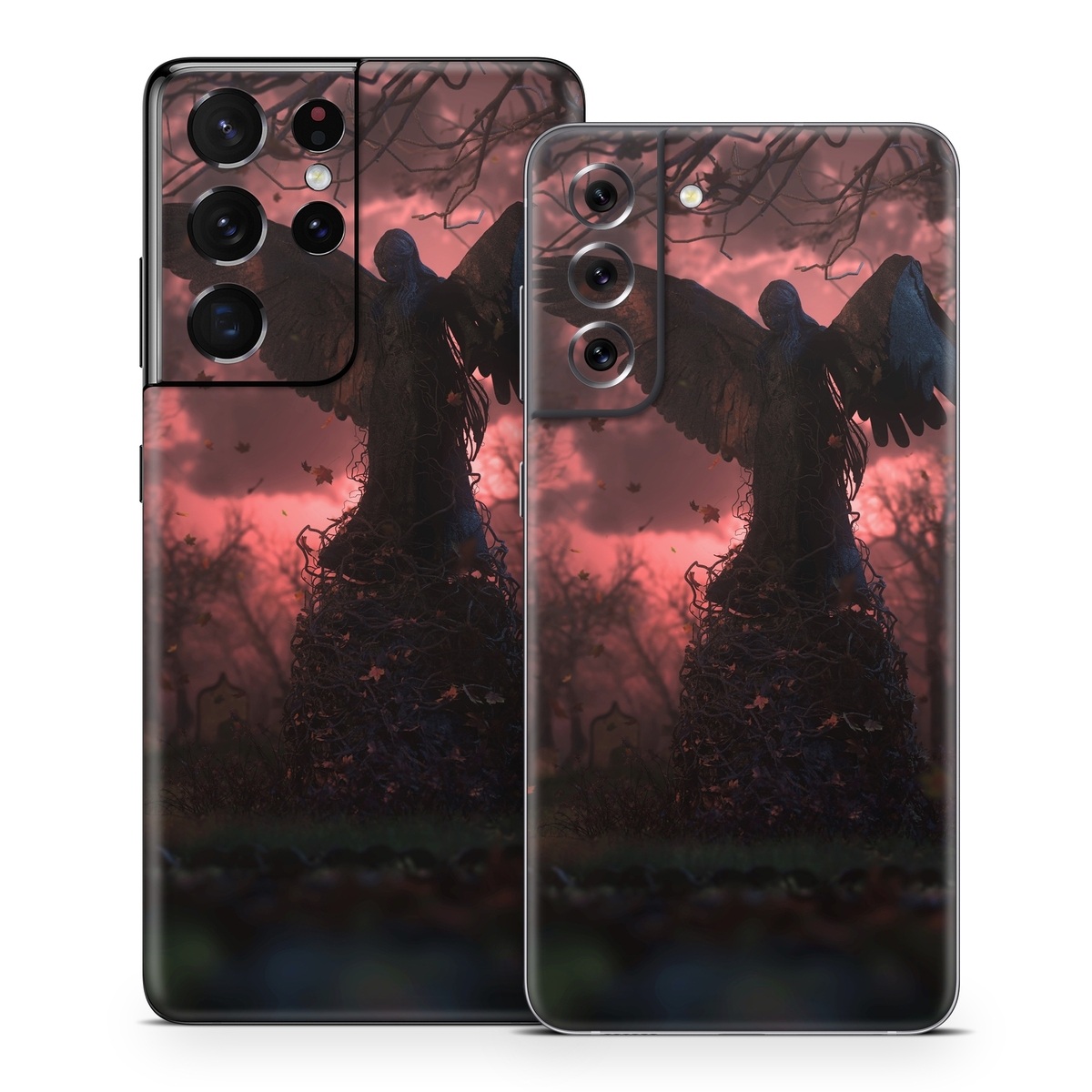 Samsung Galaxy S21 Series Skin design of Nature, Sky, Atmospheric phenomenon, Tree, Atmosphere, Darkness, Night, Screenshot, Cg artwork, Fictional character, with black, red colors
