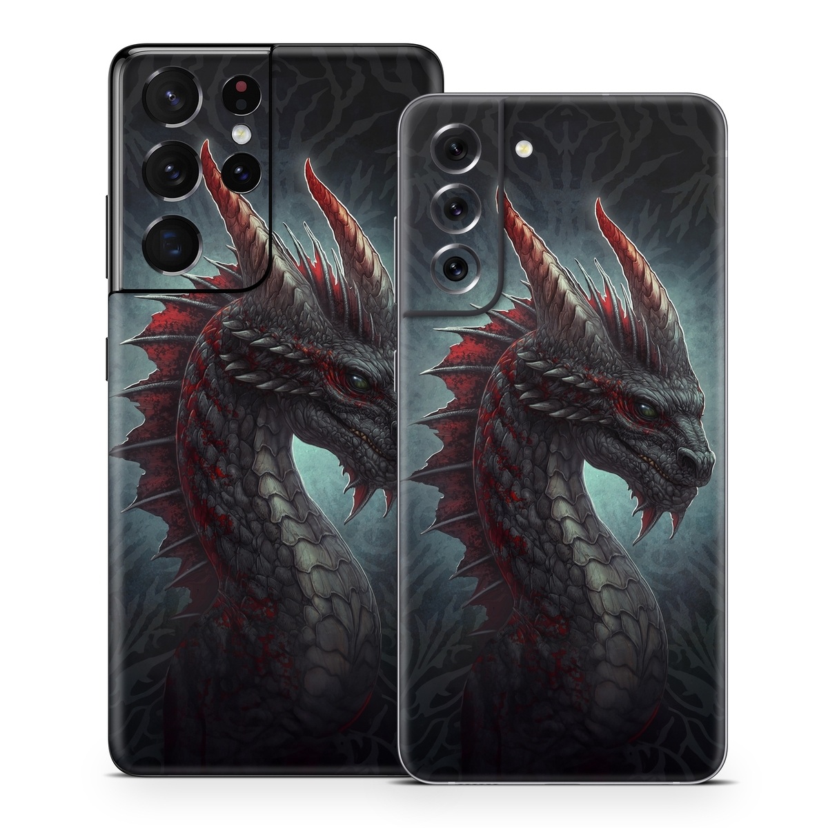 Samsung Galaxy S21 Series Skin design of Dragon, Fictional character, Mythical creature, Demon, Cg artwork, Illustration, Green dragon, Supernatural creature, Cryptid, with red, gray, blue colors
