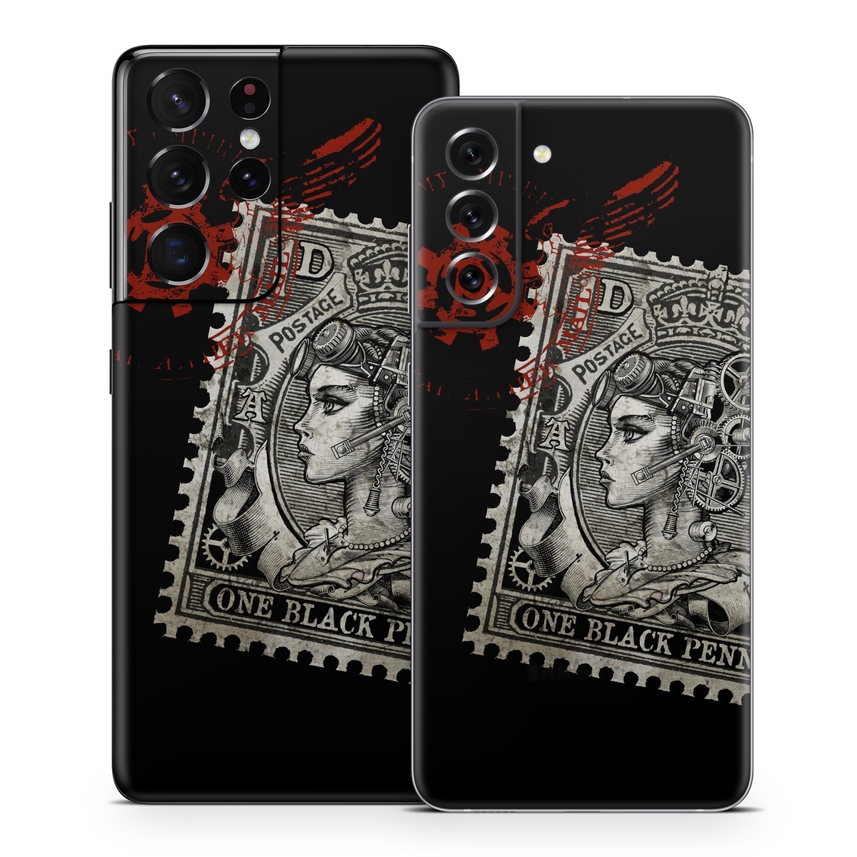 Samsung Galaxy S21 Series Skin design of Font, Postage stamp, Illustration, Drawing, Art, with black, gray, red colors