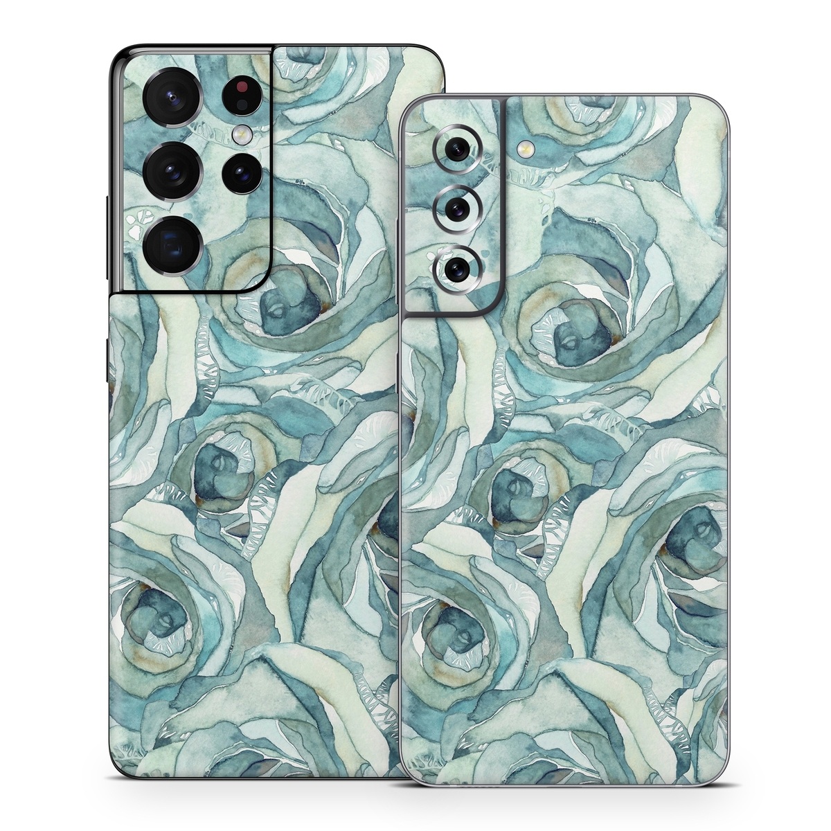 Samsung Galaxy S21 Series Skin design of Rose, Garden roses, Blue, Flower, Rose family, Watercolor paint, Plant, Pattern, Rosa × centifolia, Blue rose, with blue, green colors