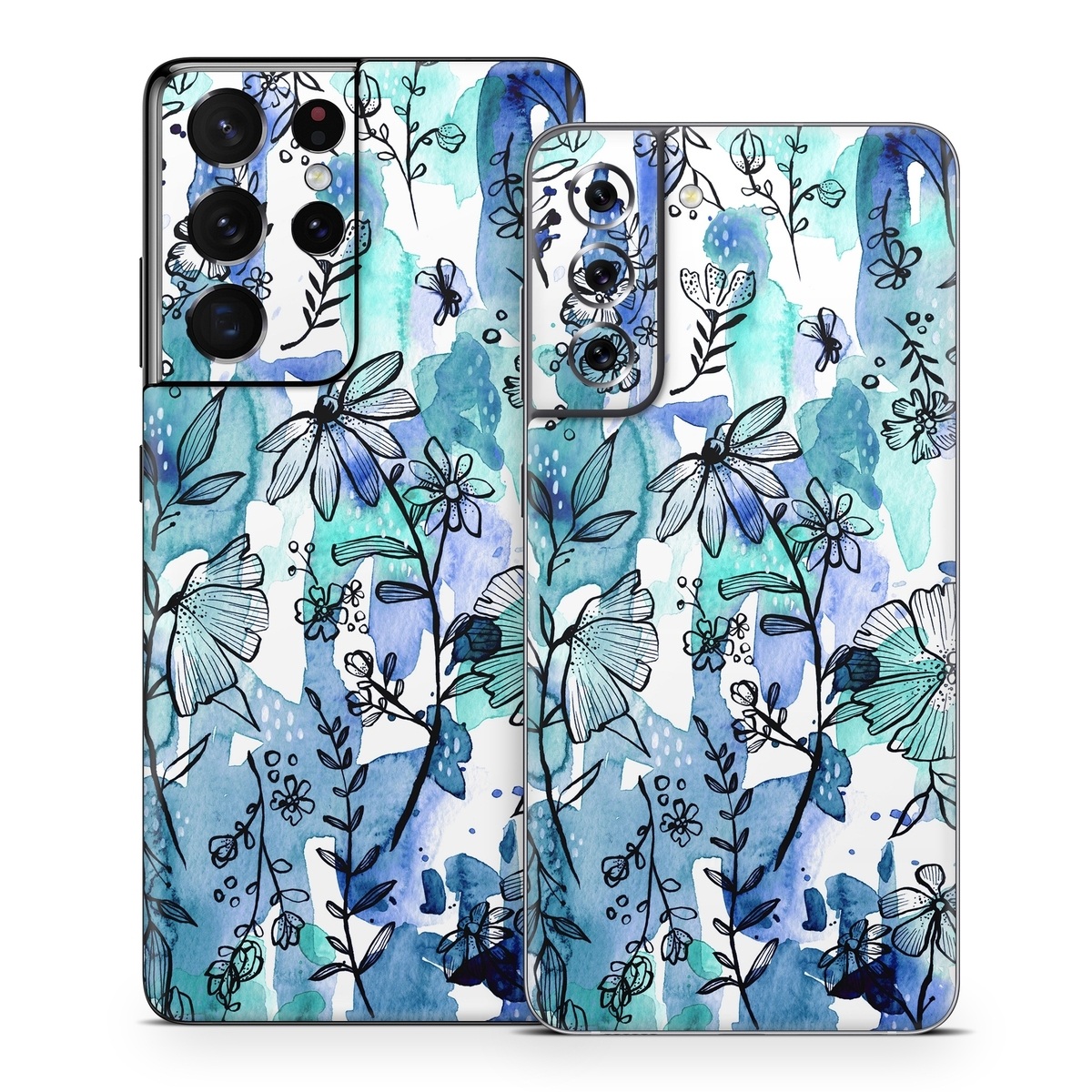 Samsung Galaxy S21 Series Skin design of Blue, Pattern, Turquoise, Aqua, Design, Textile, Wildflower, Plant, Wrapping paper, Gift wrapping, with blue, white, black, purple colors