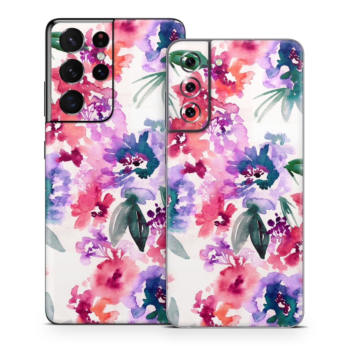 Samsung Galaxy S21 Series Skin design of Purple, Pattern, Pink, Lilac, Violet, Flower, Watercolor paint, Floral design, Plant, Design, with green, pink, red, purple, white colors