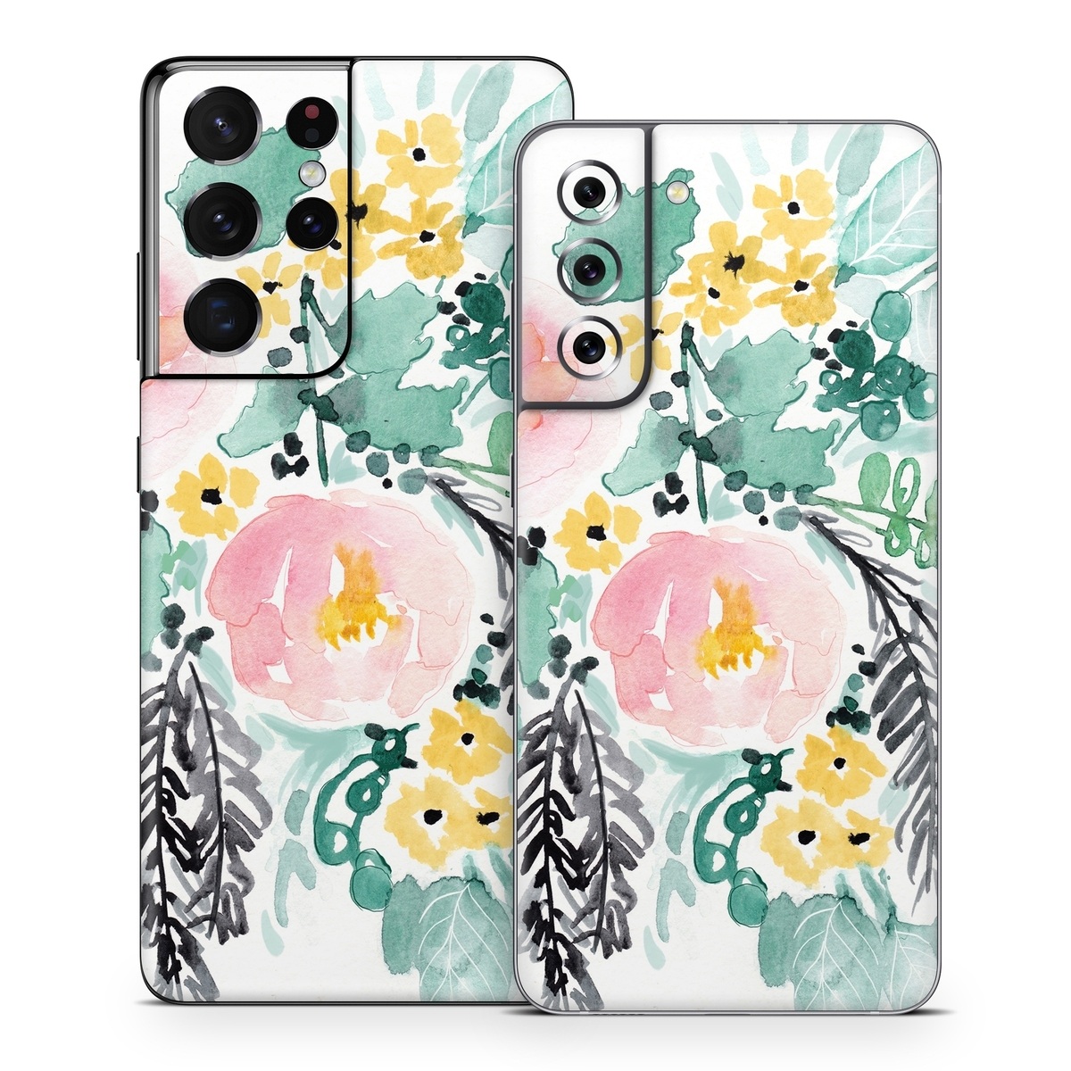 Samsung Galaxy S21 Series Skin design of Branch, Clip art, Watercolor paint, Flower, Leaf, Botany, Plant, Illustration, Design, Graphics, with green, pink, red, orange, yellow colors